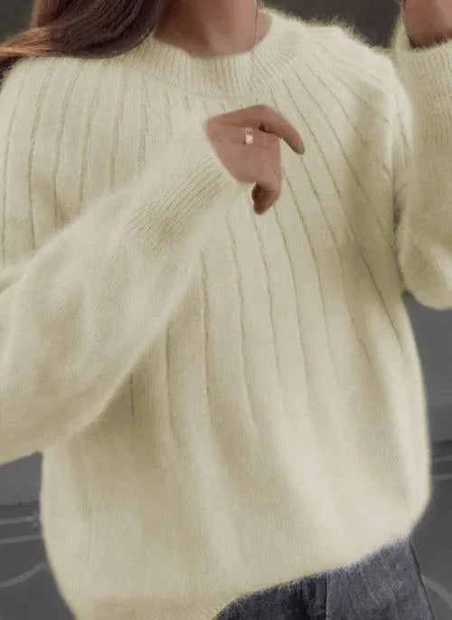 Ribbed Crewneck Sweater with Faux Fur Collar
