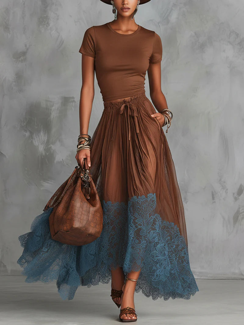 Brown-Blue Lace Tulle Skirt Set