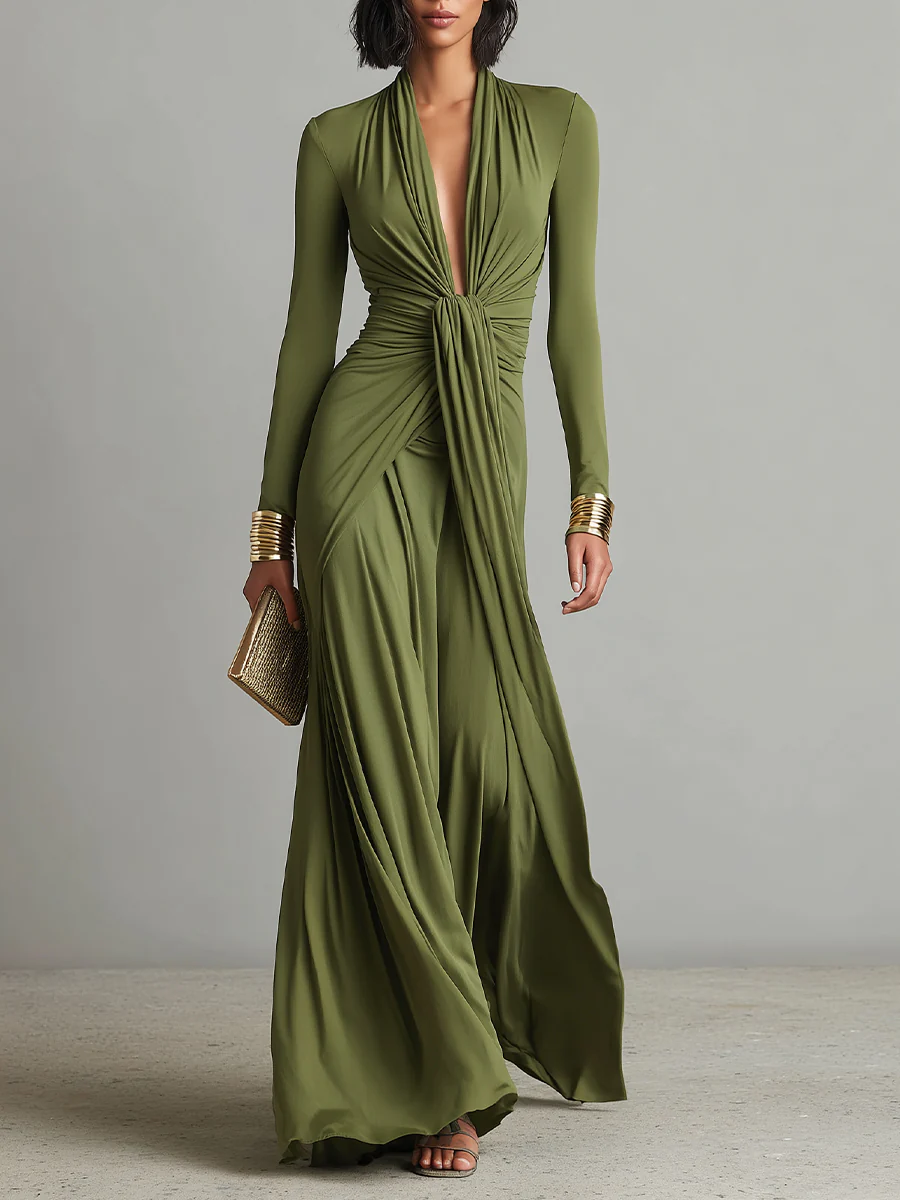 Olive Green Deep V-Neck Pleated Maxi Dress
