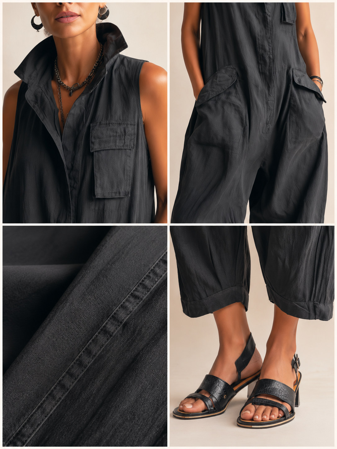 Black Sleeveless Utility Wide-Leg Jumpsuit