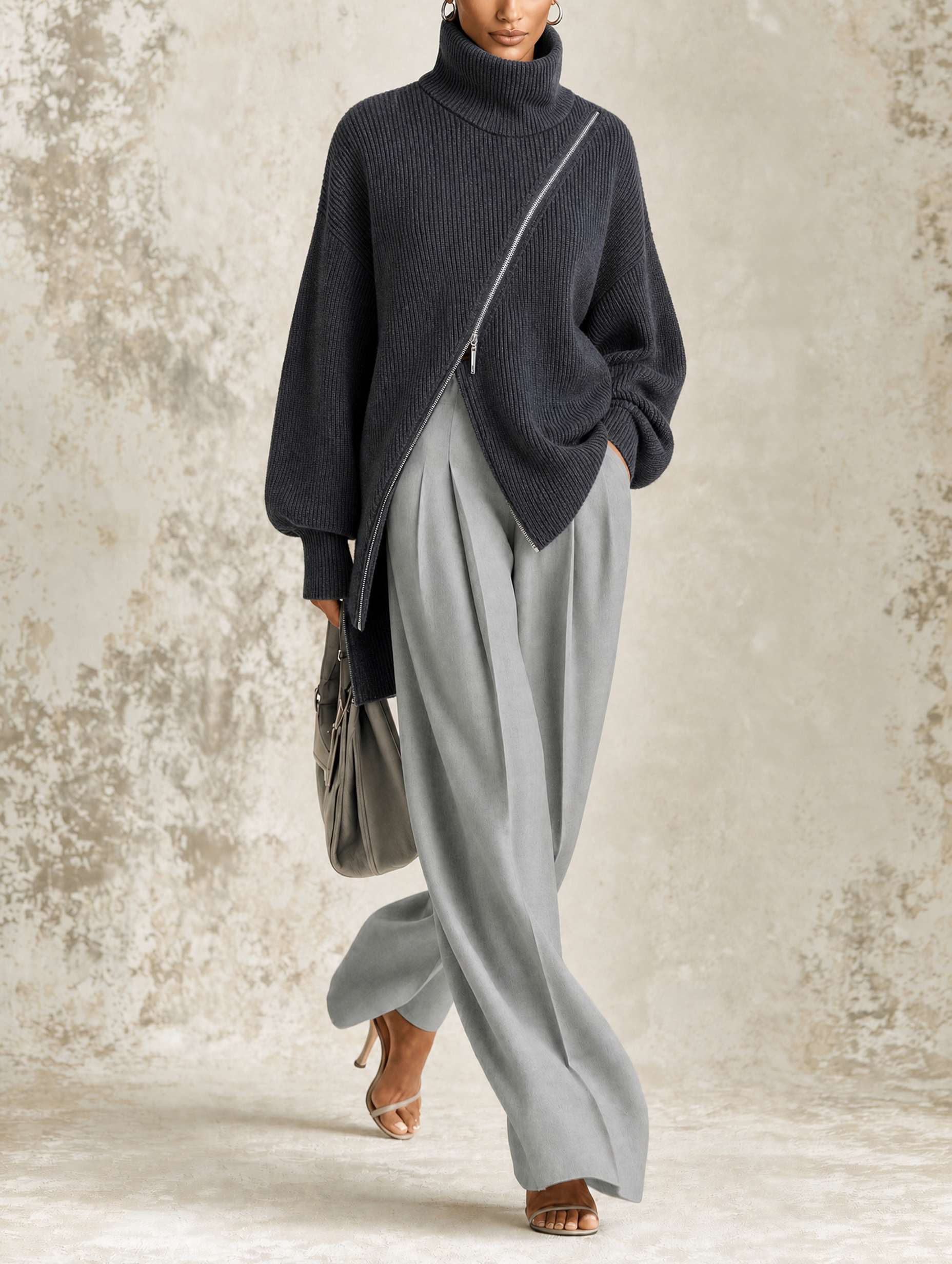 Asymmetric Zip Turtleneck and Wide-Leg Pants Set