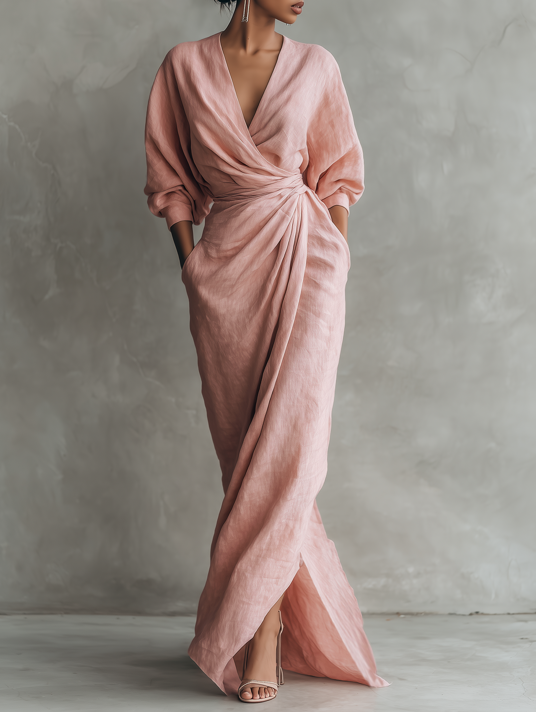 Naomi | Minimalist pink maxi dress with a V-neck in a linen blend