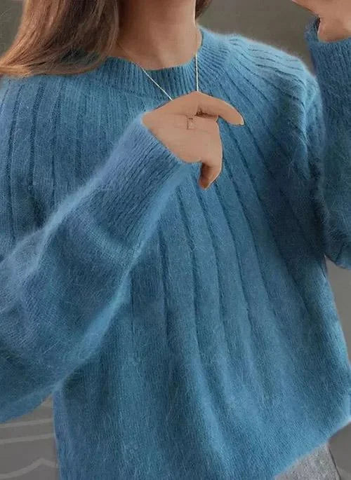 Ribbed Crewneck Sweater with Faux Fur Collar