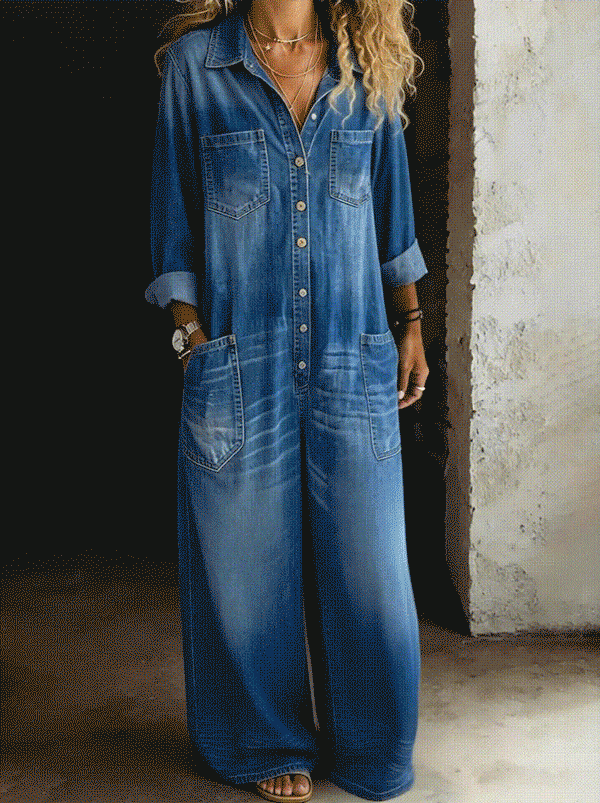 Relaxed Wide-Leg Utility Denim Jumpsuit