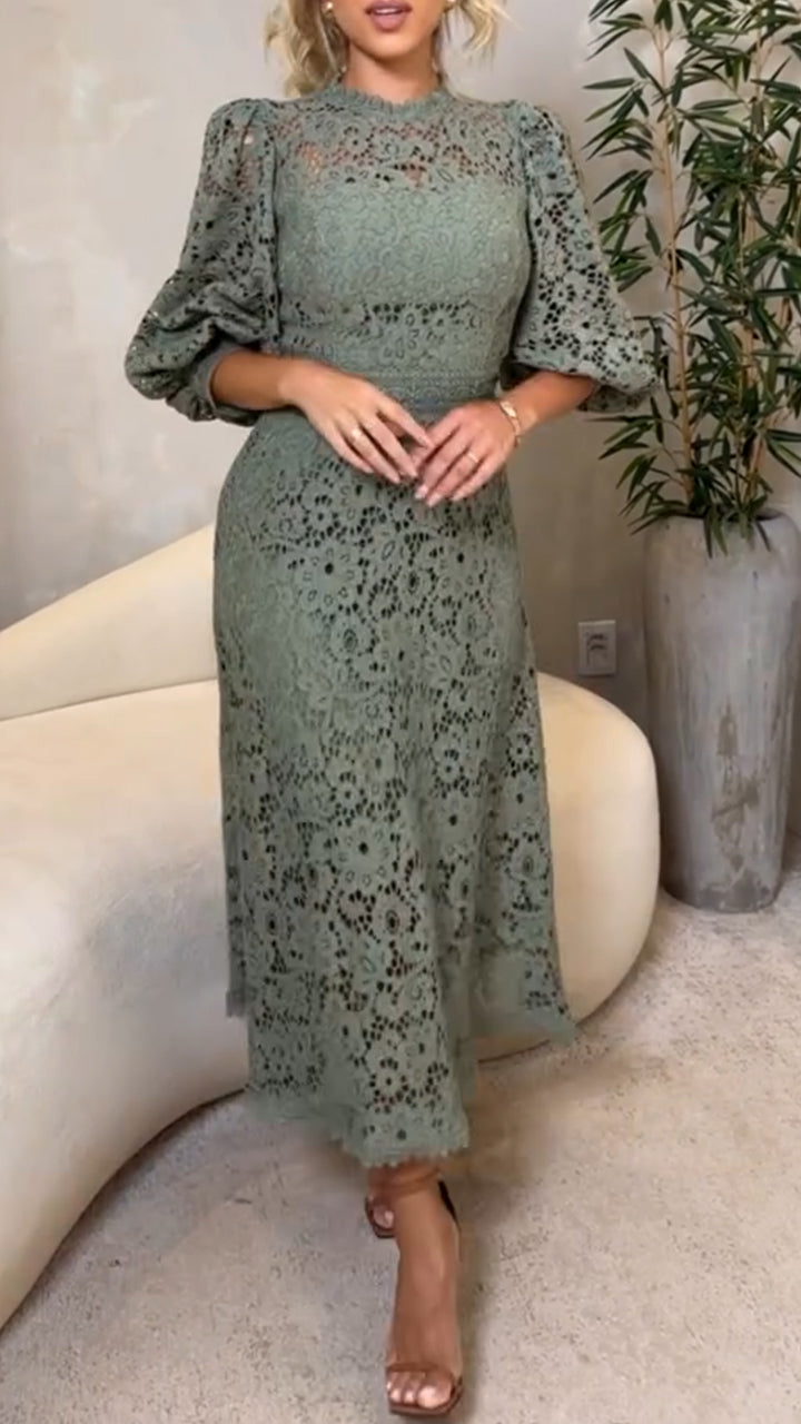 Lantern Sleeve Lace Hollow Midi Dress