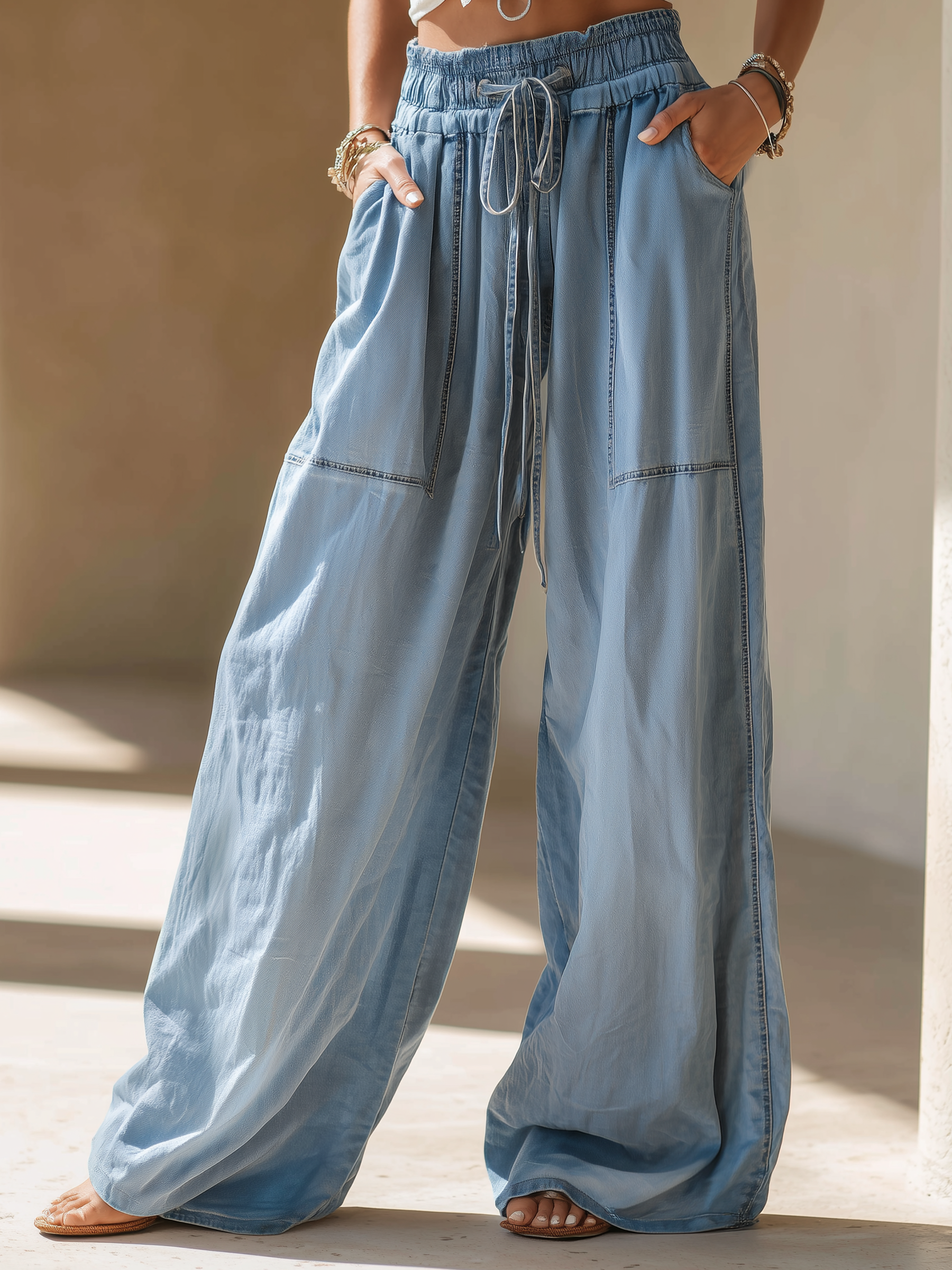 Drawstring Waist Wide-Leg Denim Pants