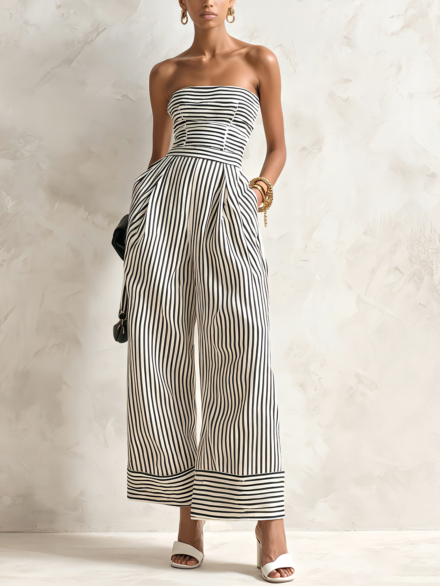 Striped Strapless Wide-Leg Jumpsuit
