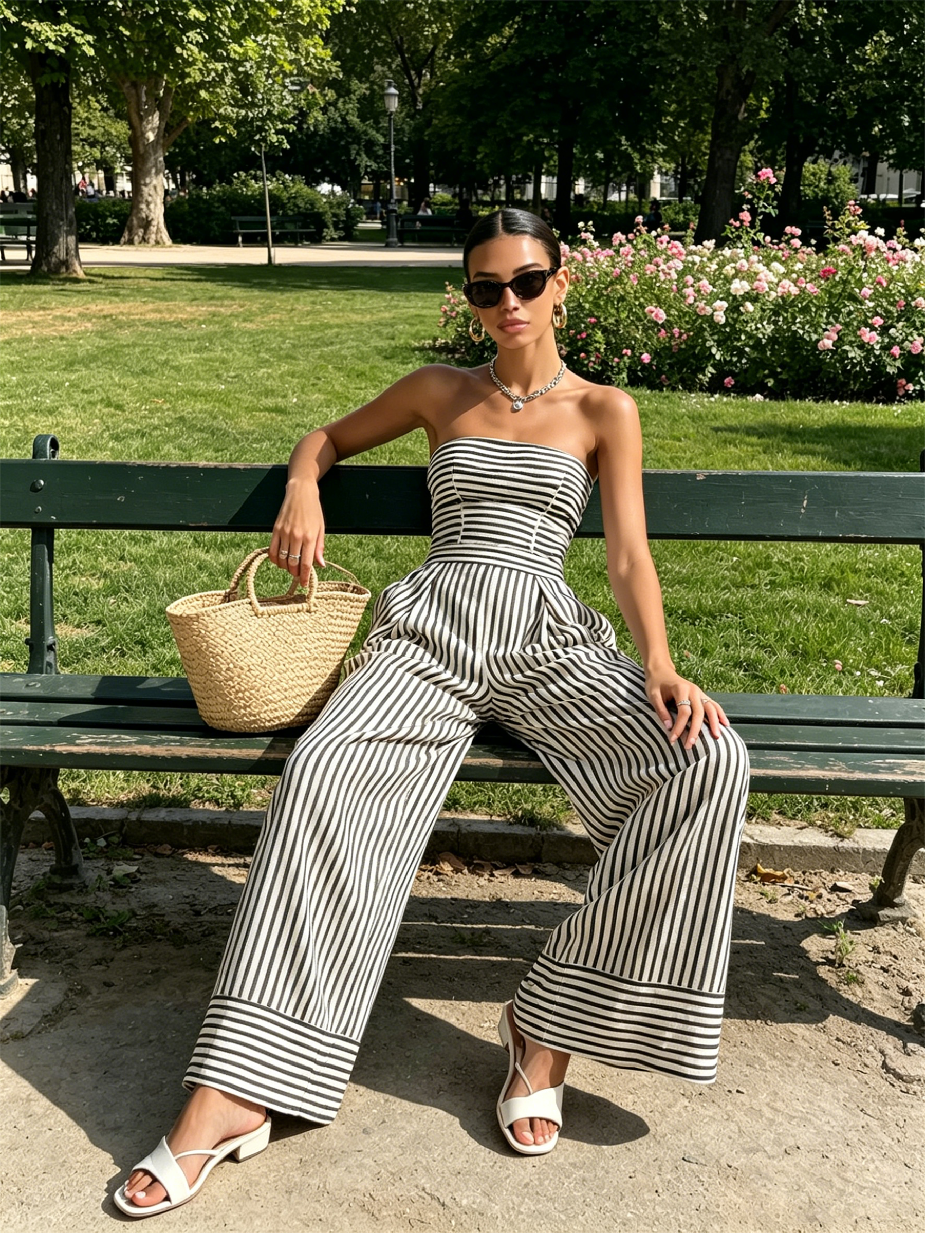 Striped Strapless Wide-Leg Jumpsuit