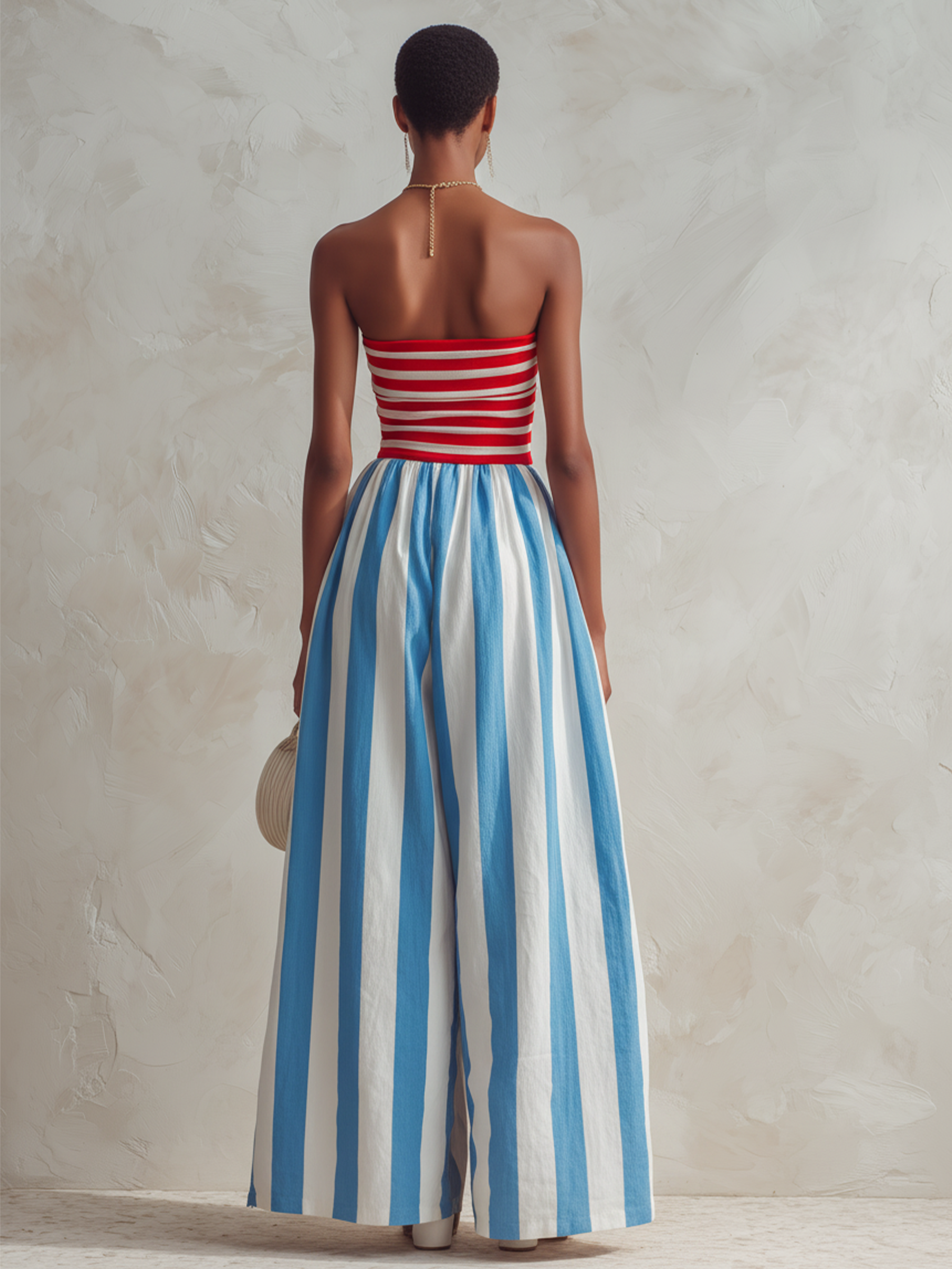 Striped Strapless Top and Wide-Leg Jumpsuit Set
