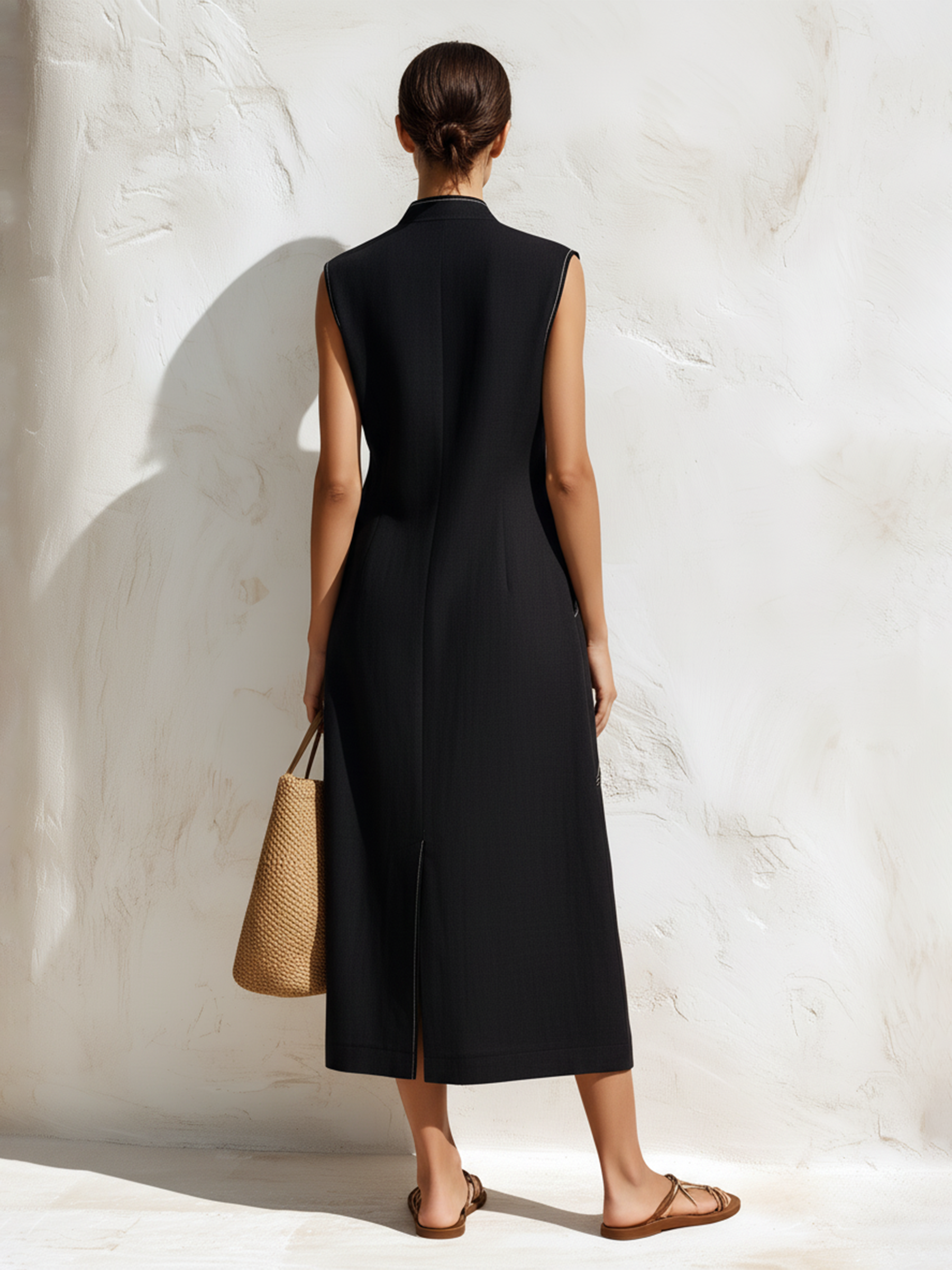 Contrast Stitch Sleeveless Midi Dress