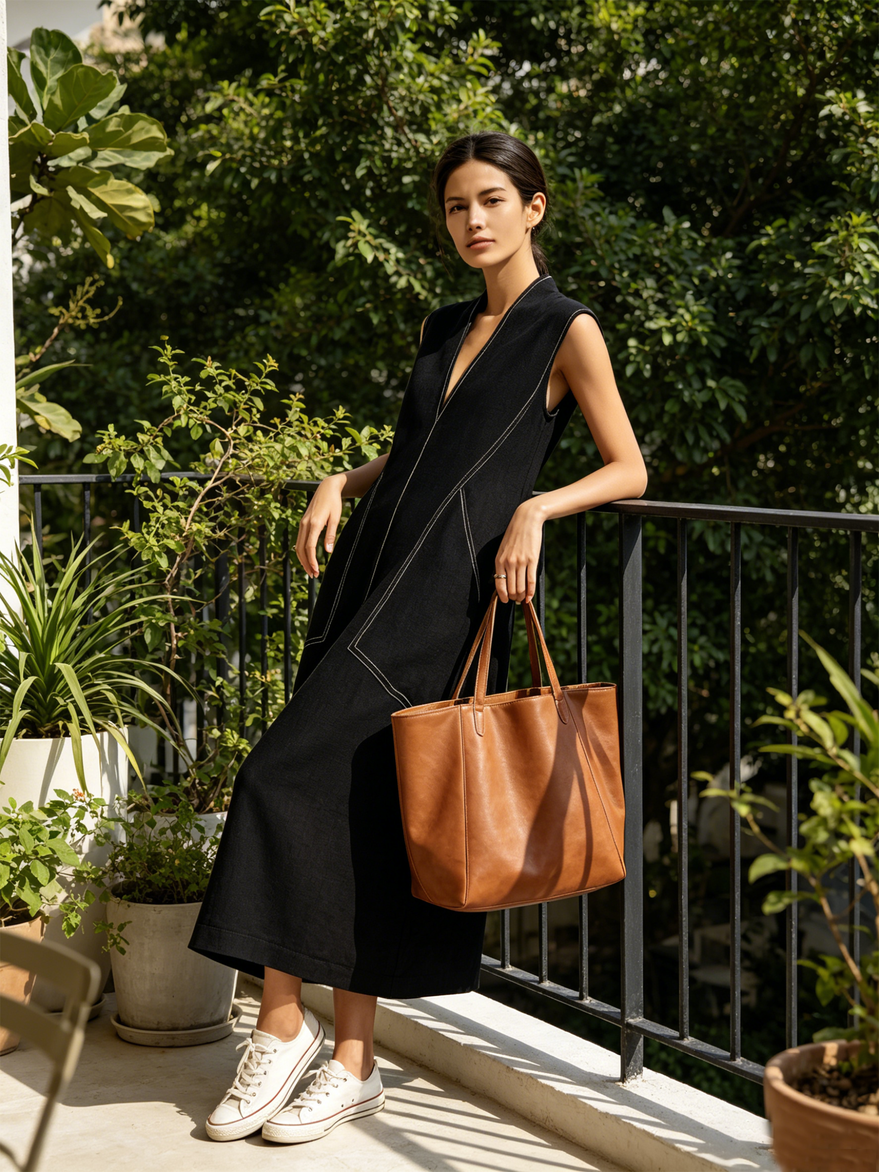 Contrast Stitch Sleeveless Midi Dress