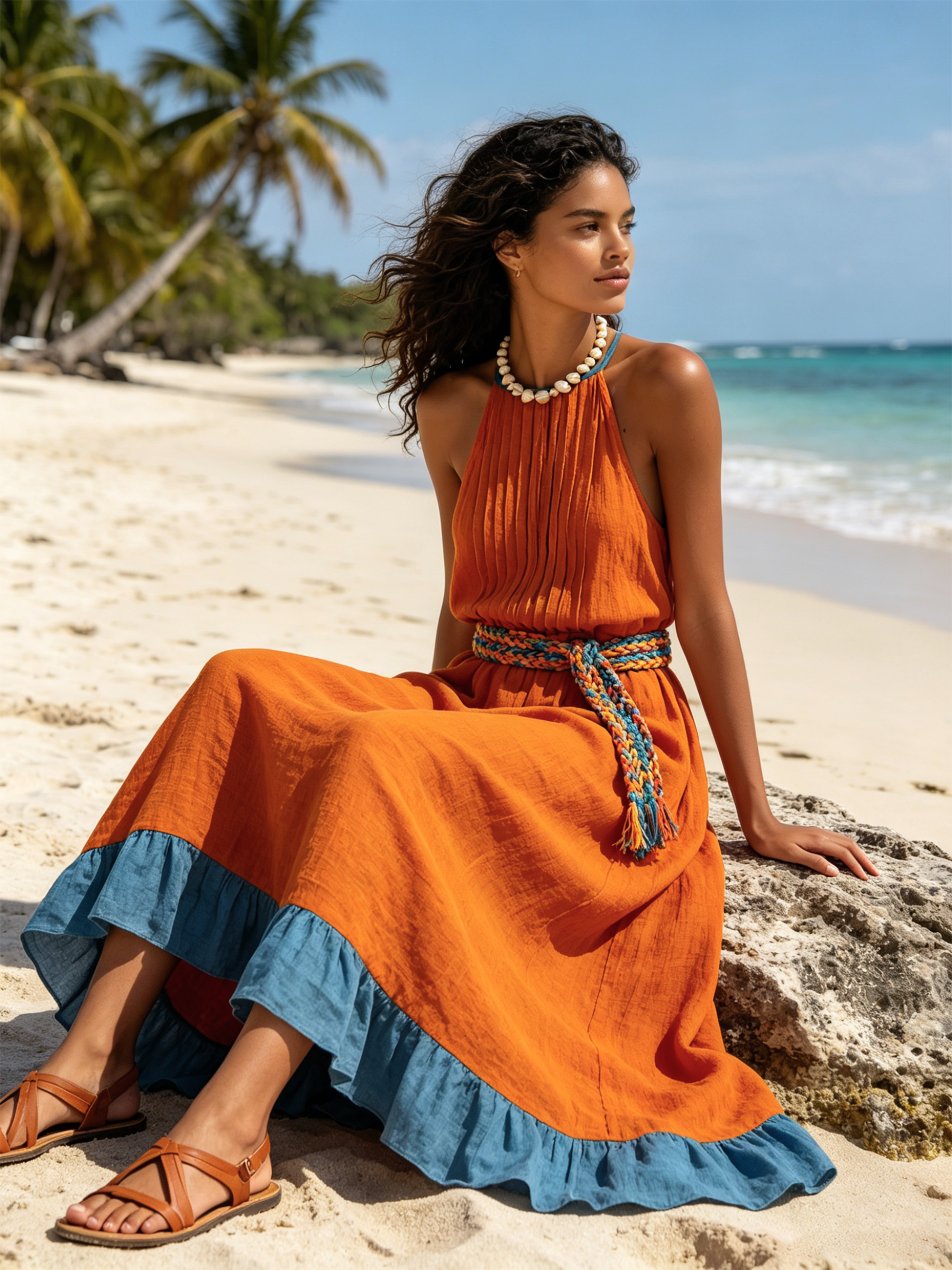 Halter Neck Pleated Maxi Dress with Ruffle Hem