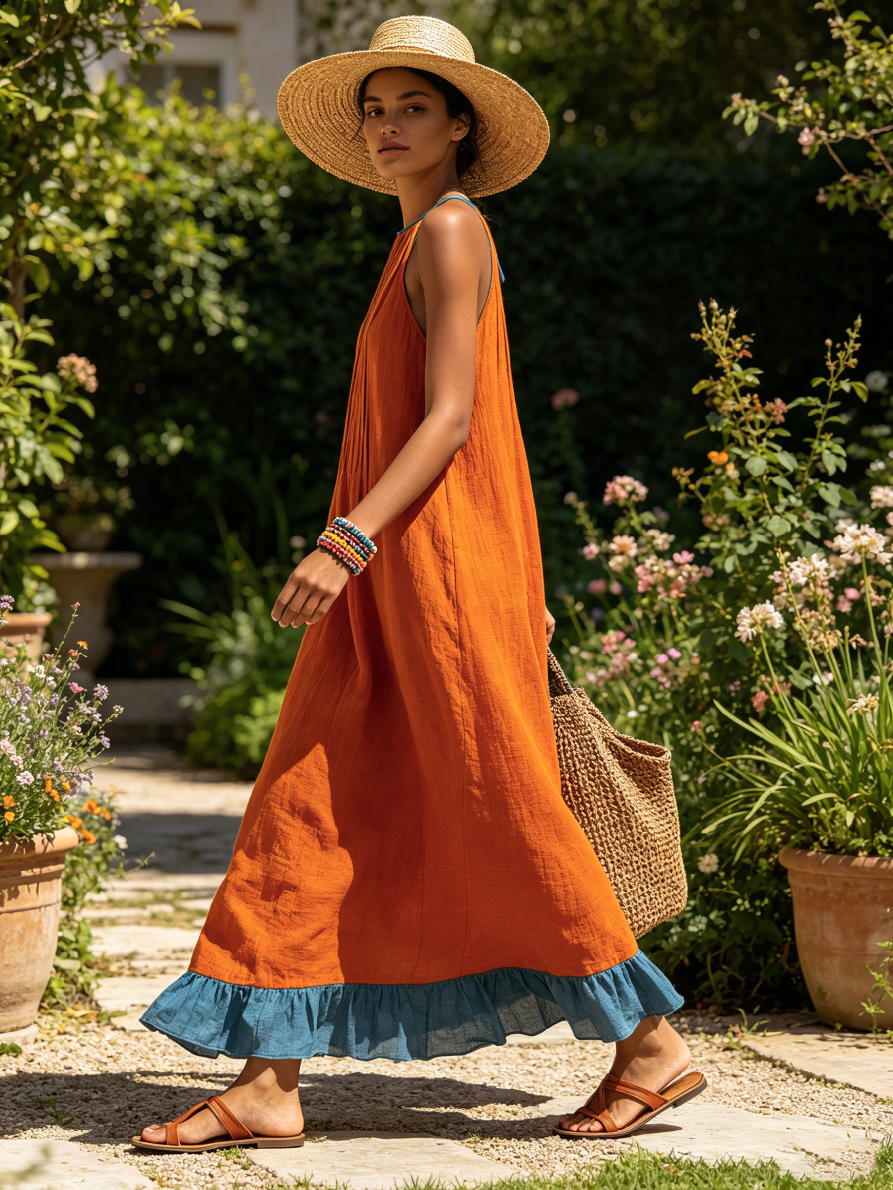 Halter Neck Pleated Maxi Dress with Ruffle Hem