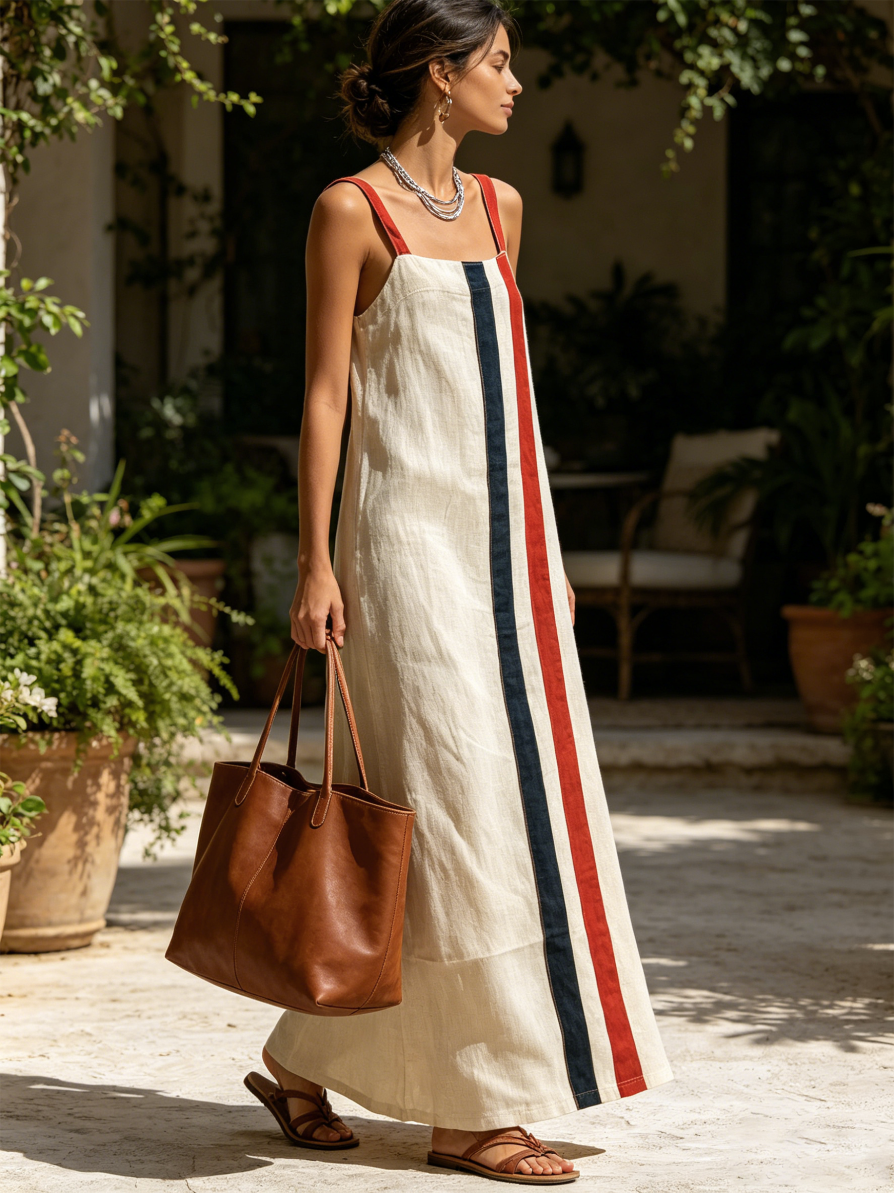 Vertical Stripe Linen Blend Maxi Dress