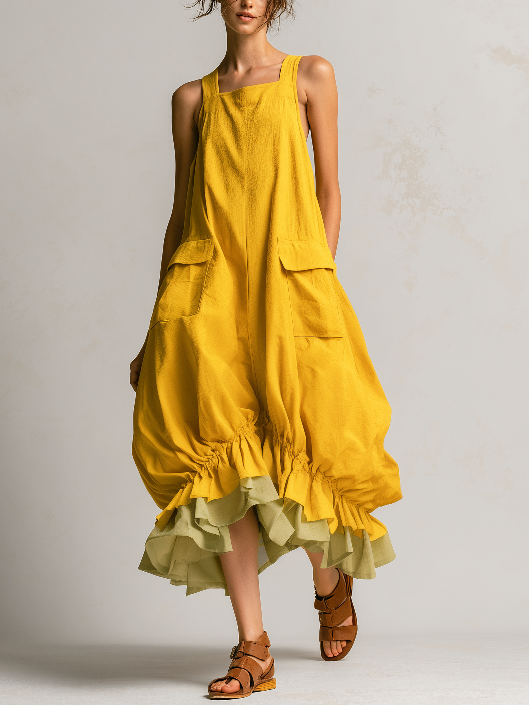 Cargo Pocket Ruffle Hem Midi Dress