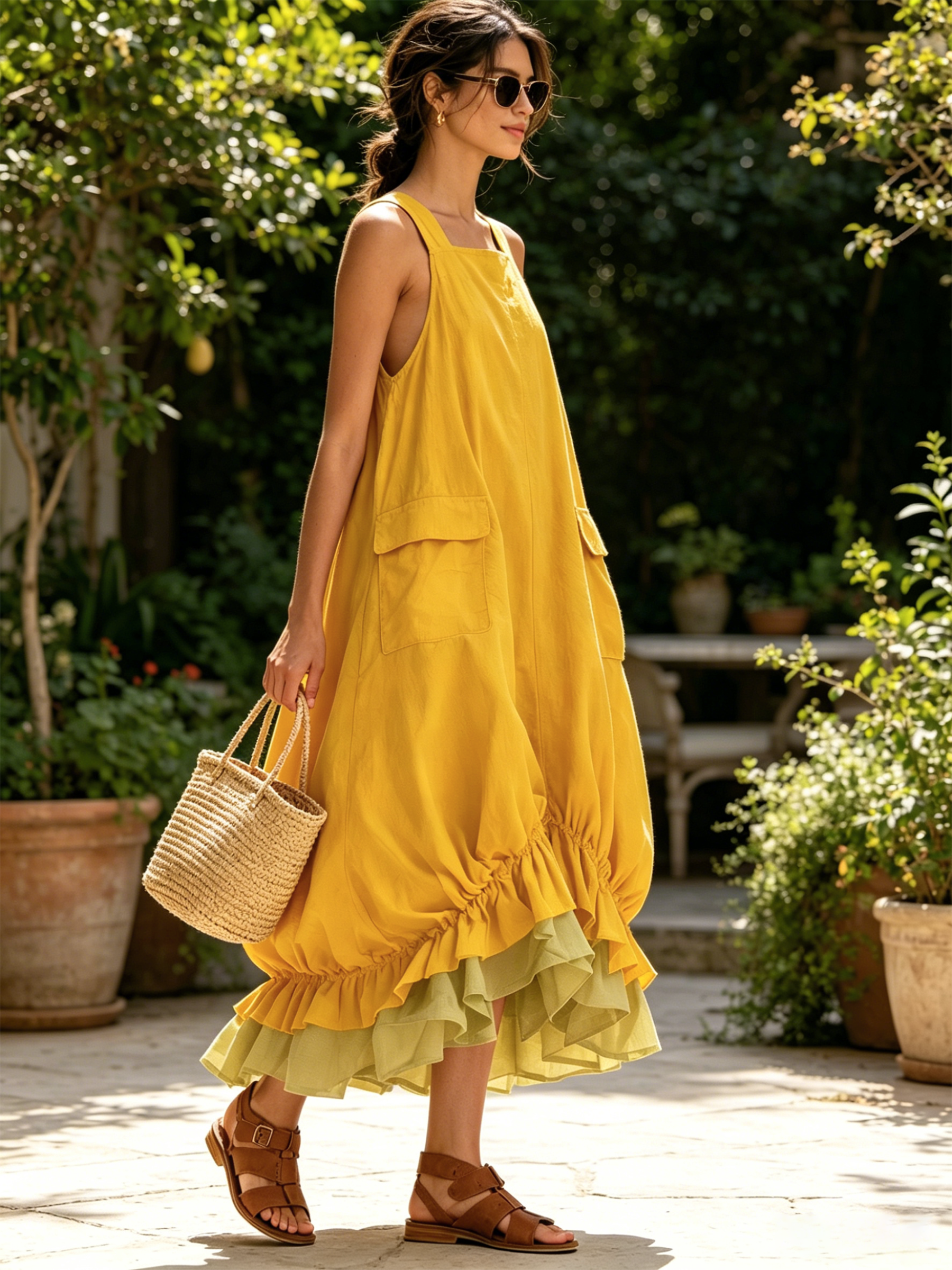 Cargo Pocket Ruffle Hem Midi Dress