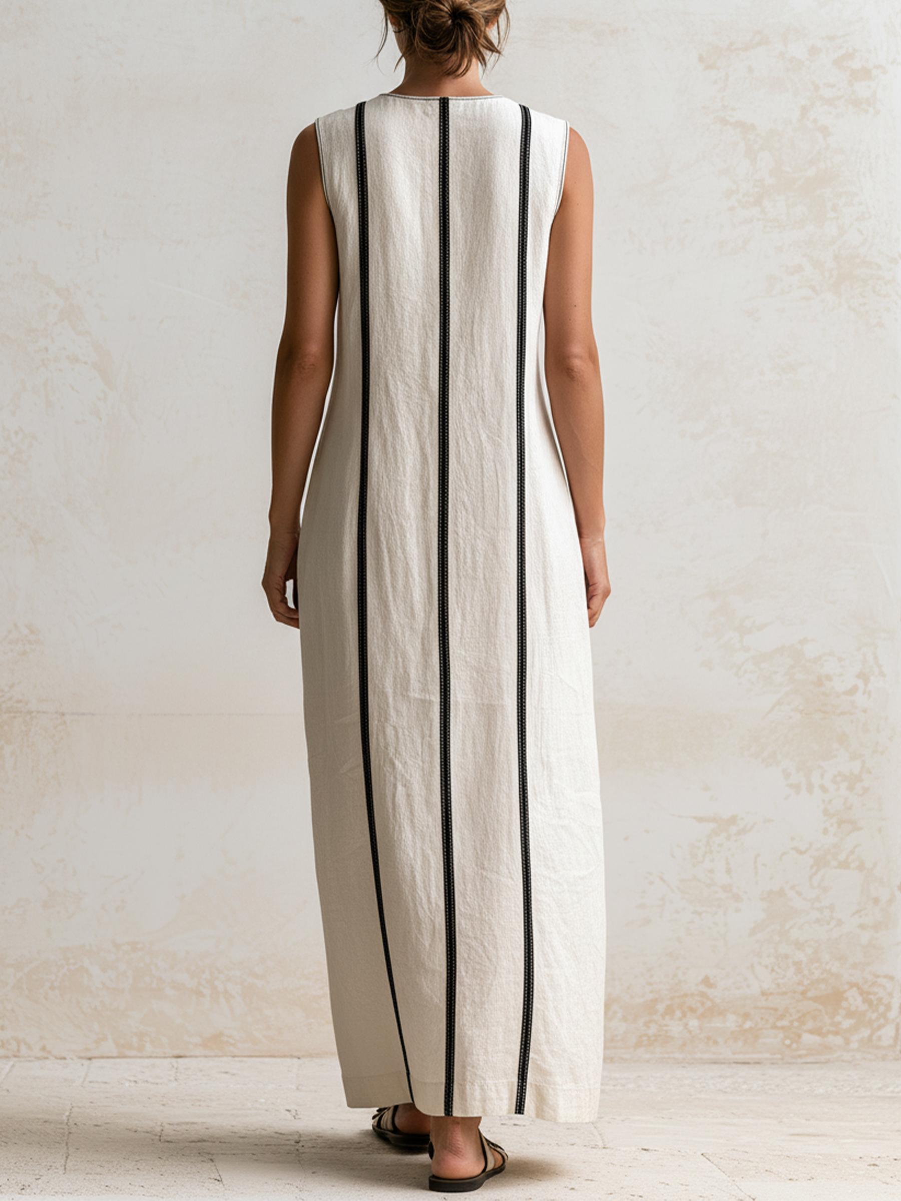 Contrast Stripe Sleeveless Linen Midi Dress