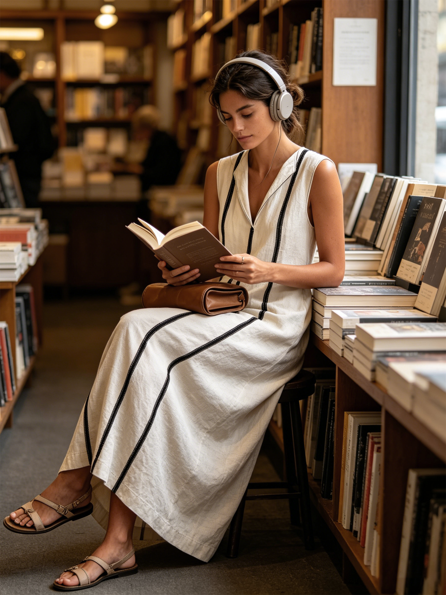 Contrast Stripe Sleeveless Linen Midi Dress
