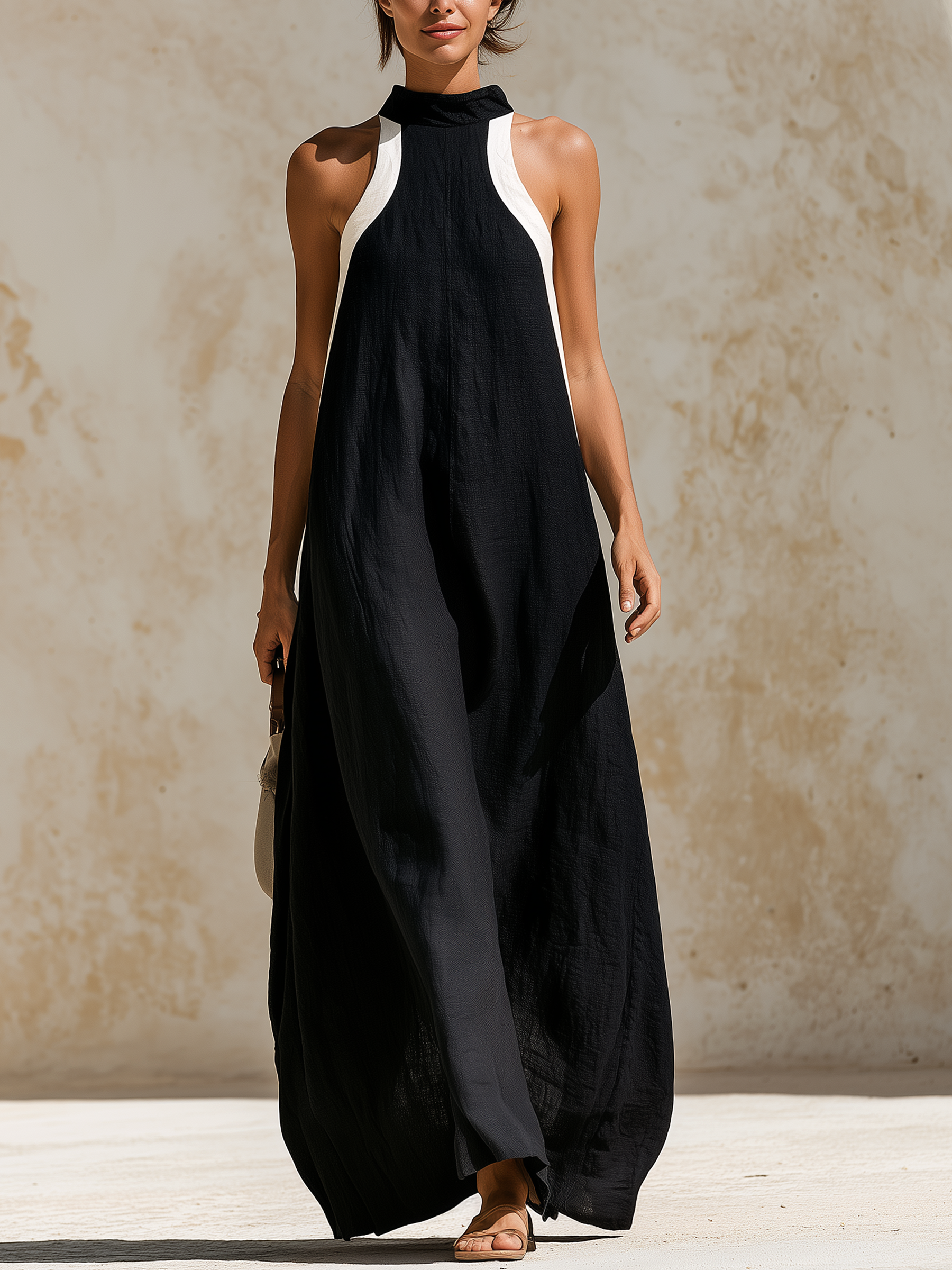Color Block Halter Linen Maxi Dress