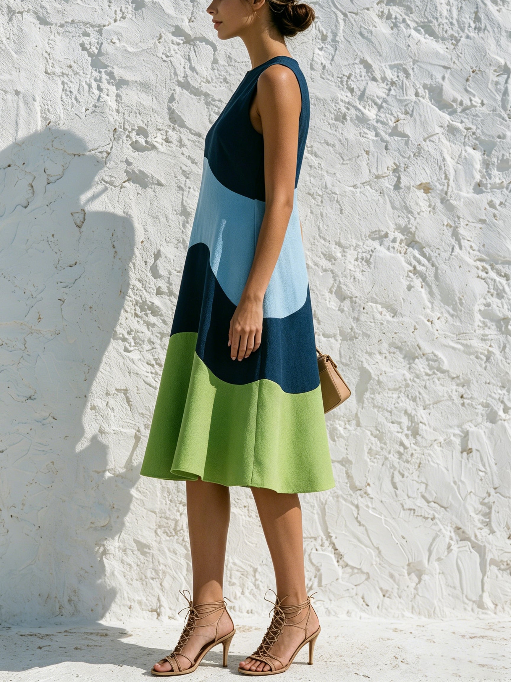 Color Block Sleeveless A-Line Midi Dress