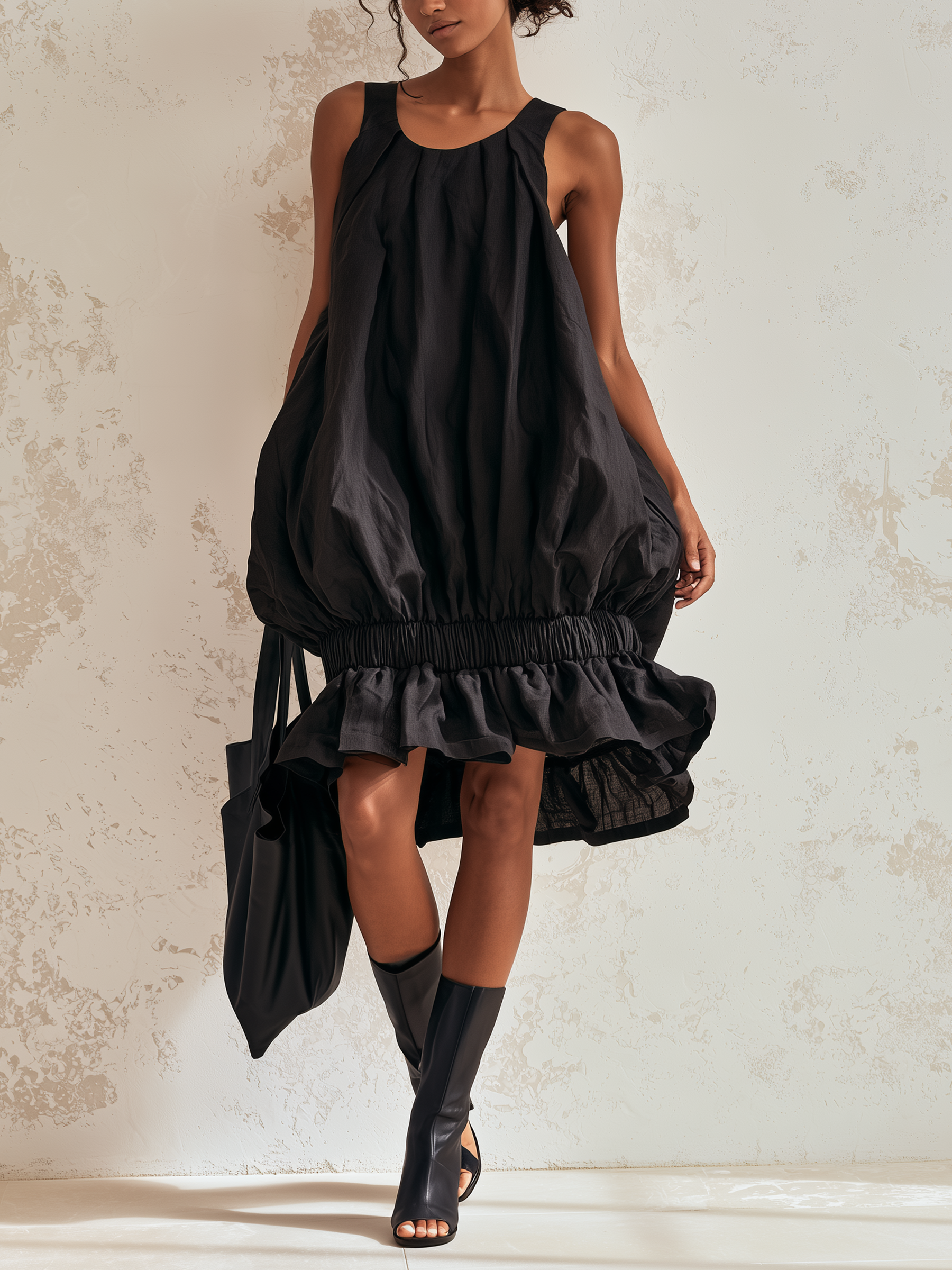 Sleeveless Bubble Midi Dress with Elastic Waist
