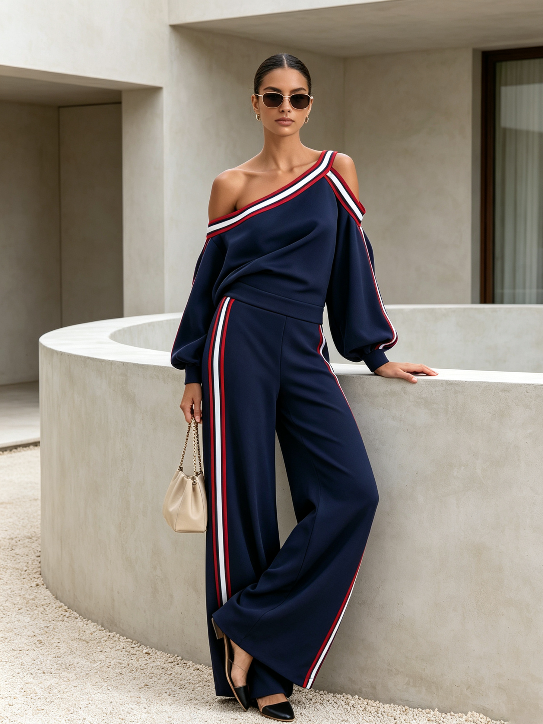 Off-Shoulder Stripe Top and Wide-Leg Pants Set