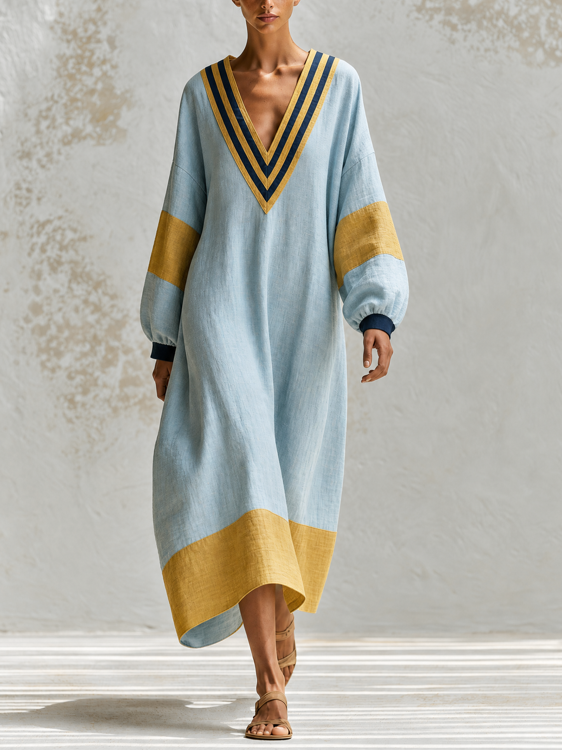 Color Block V-Neck Linen Kaftan Maxi Dress