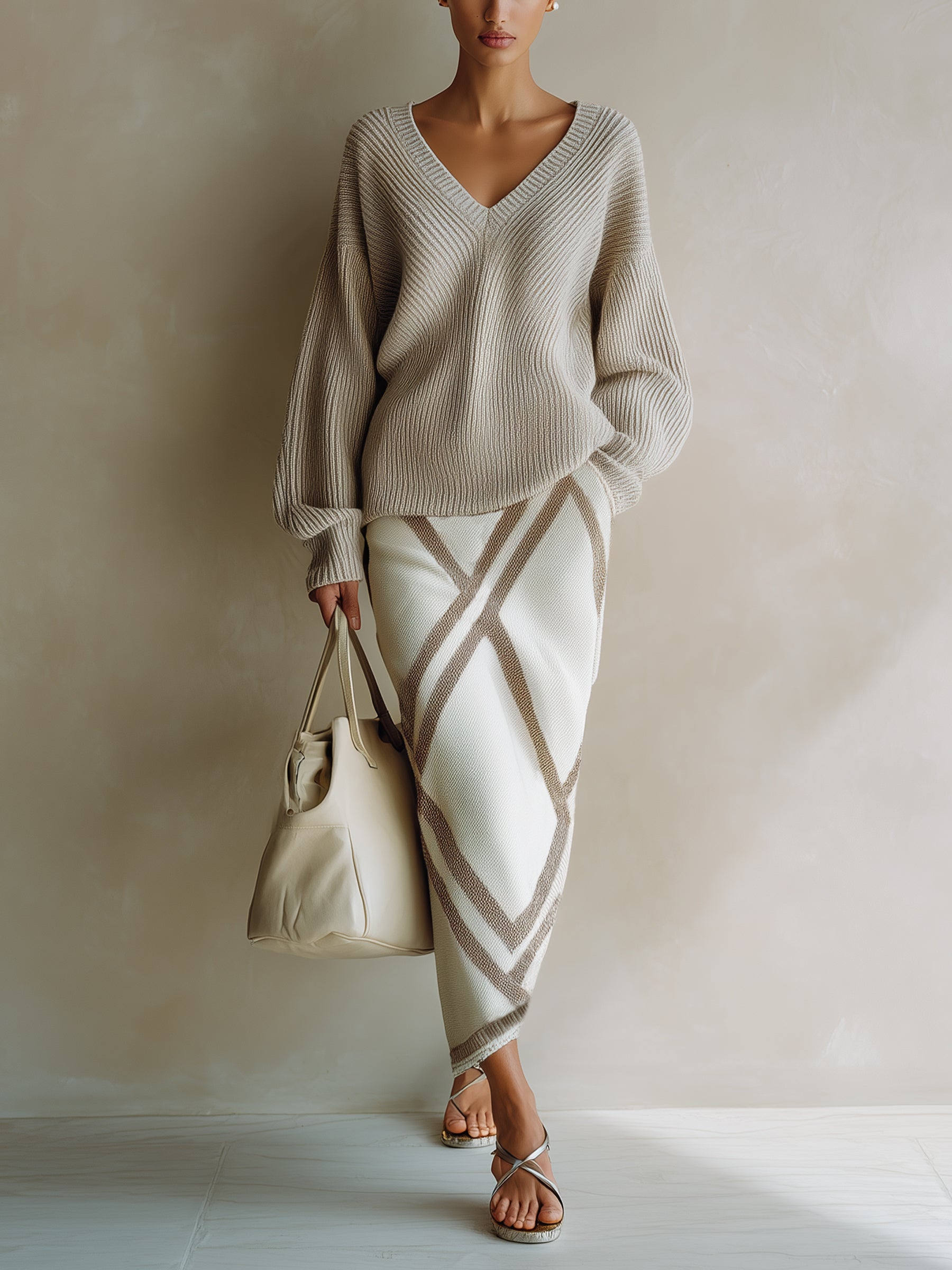 V-Neck Knit Sweater and Midi Skirt Set