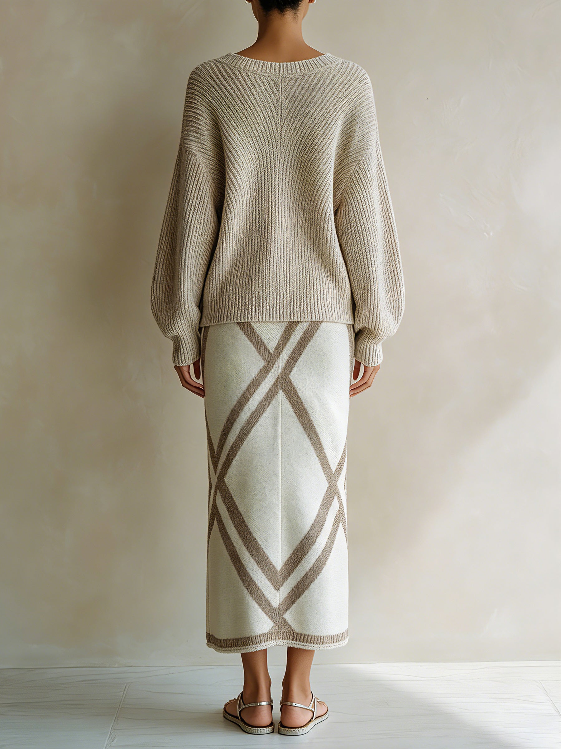 V-Neck Knit Sweater and Midi Skirt Set