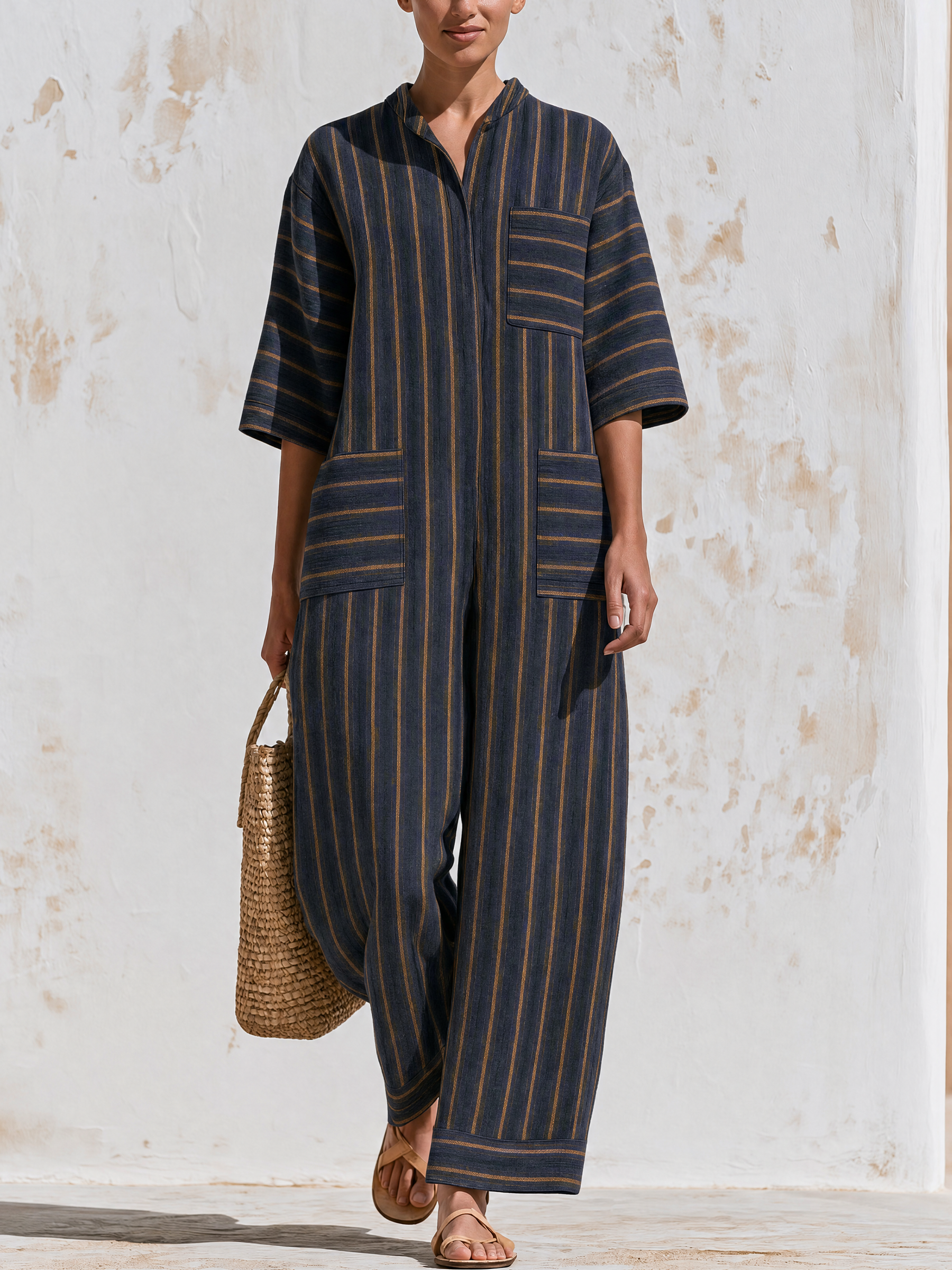 Cotton Jumpsuit with Three-Quarter Sleeves