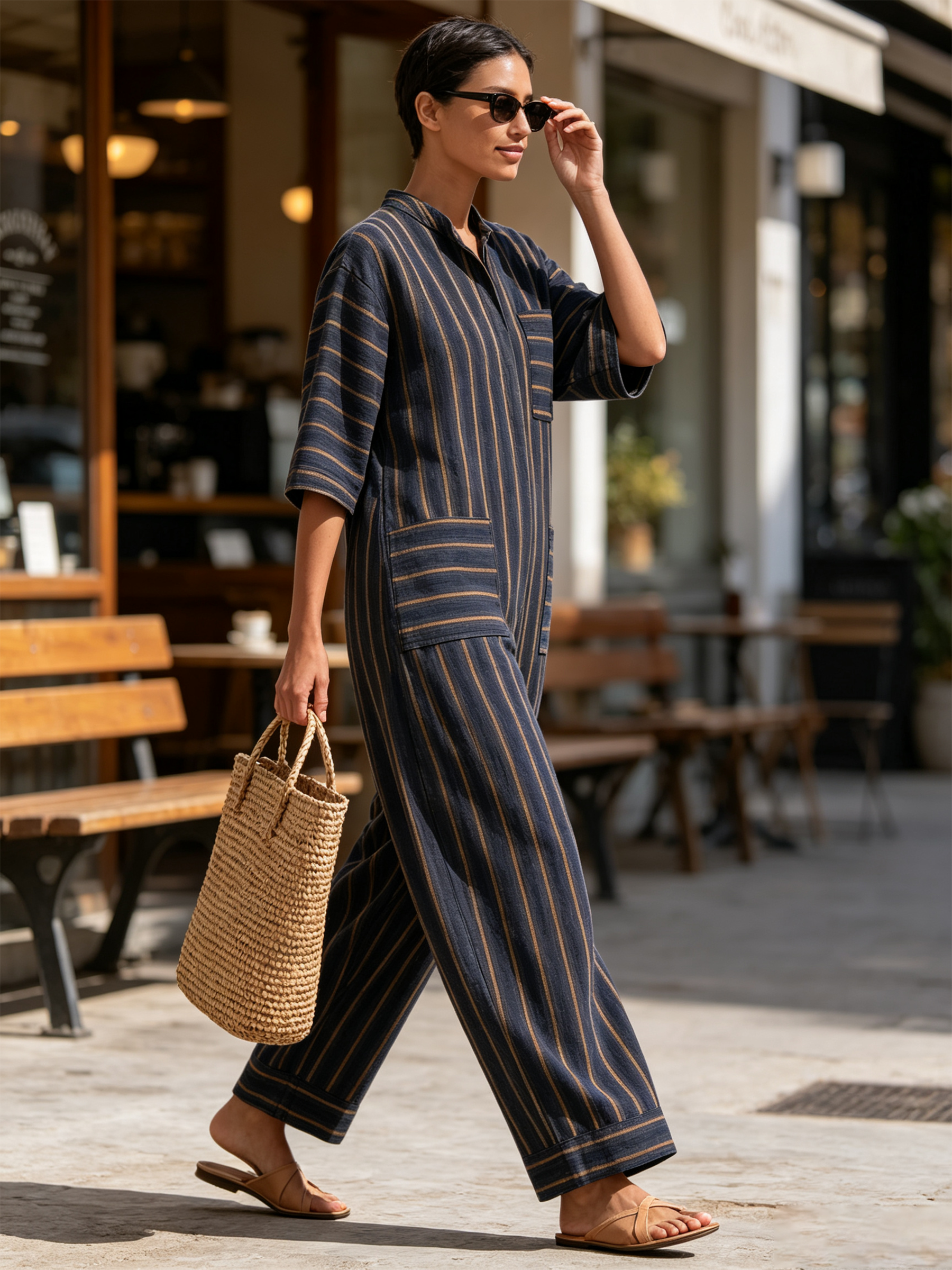Cotton Jumpsuit with Three-Quarter Sleeves