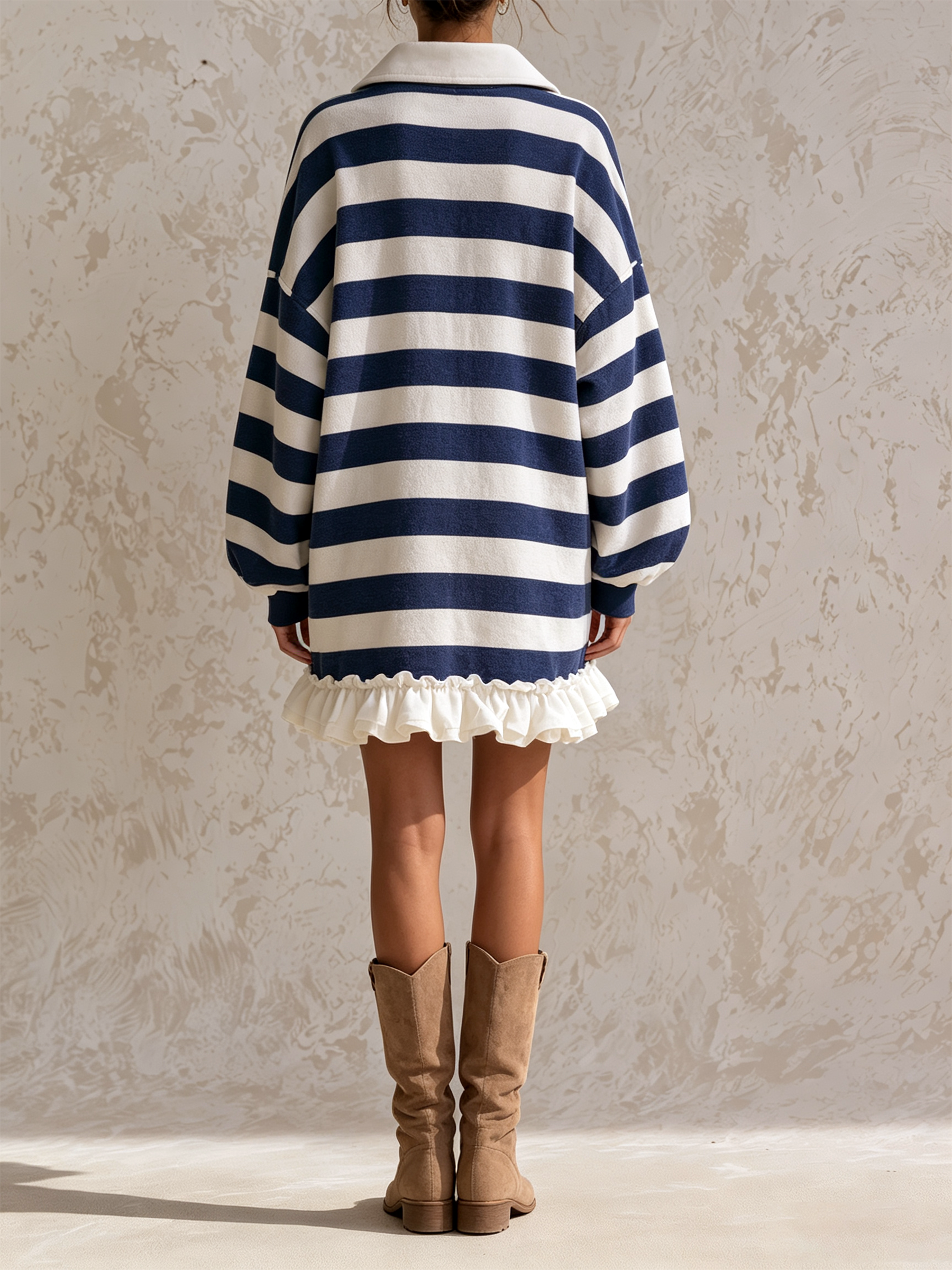 Striped Polo Collar Sweatshirt Mini Dress