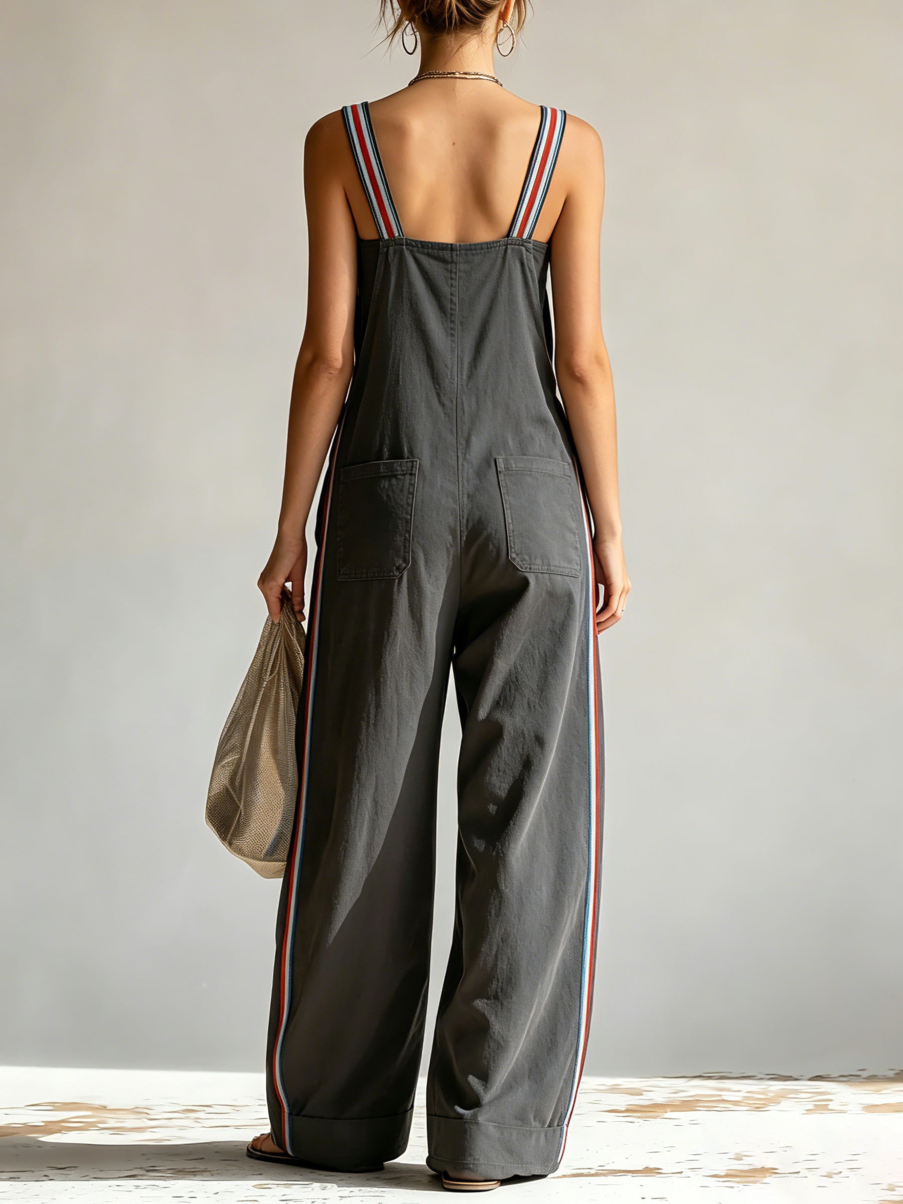 Contrast Strap Wide-Leg Cargo Jumpsuit