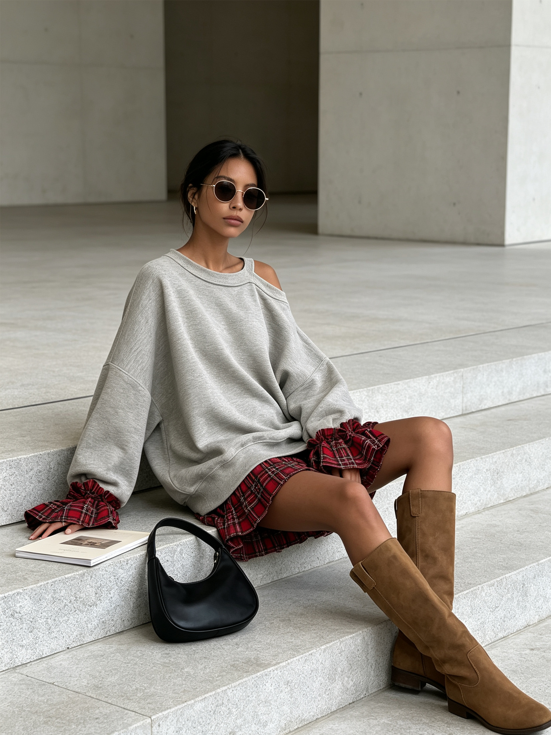 Cold Shoulder Sweatshirt with Plaid Ruffle Detail