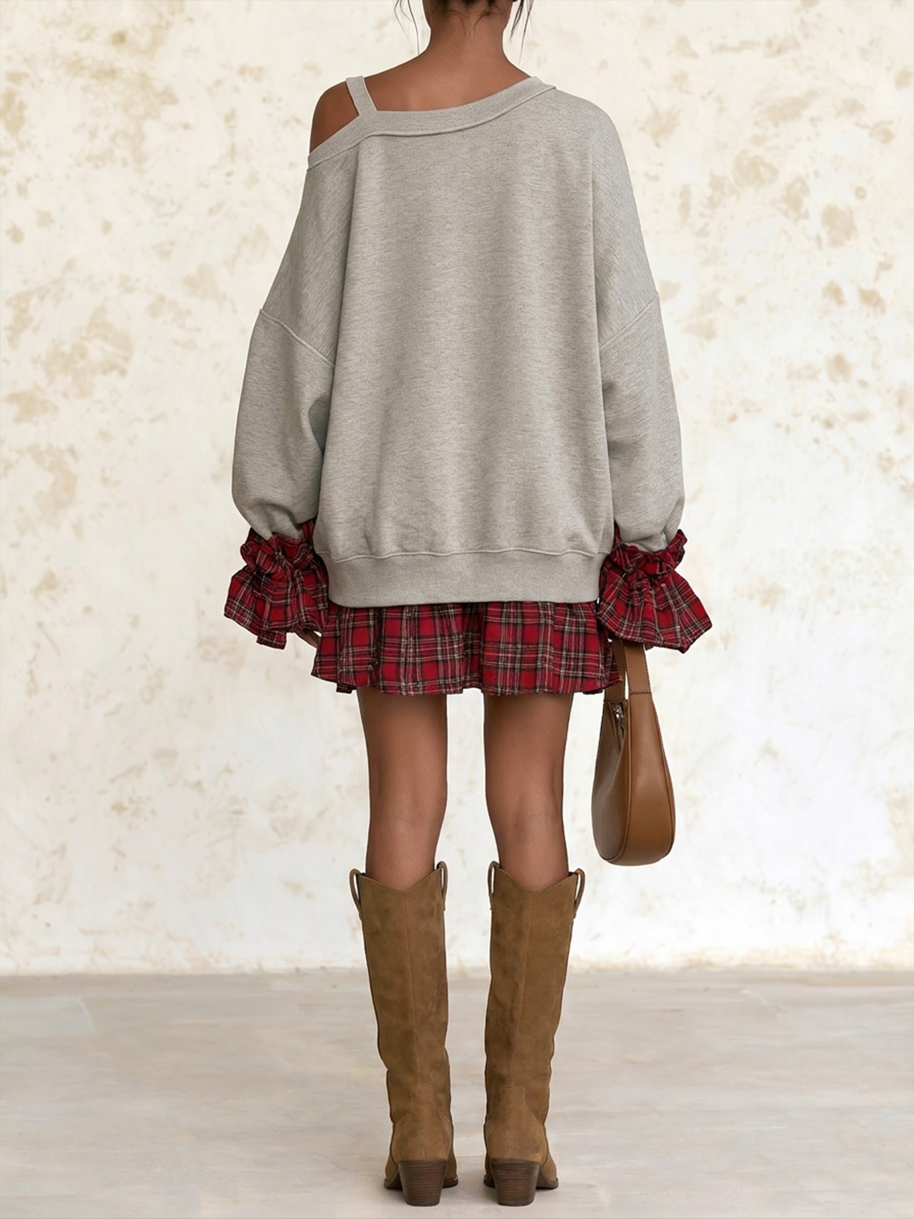 Cold Shoulder Sweatshirt with Plaid Ruffle Detail