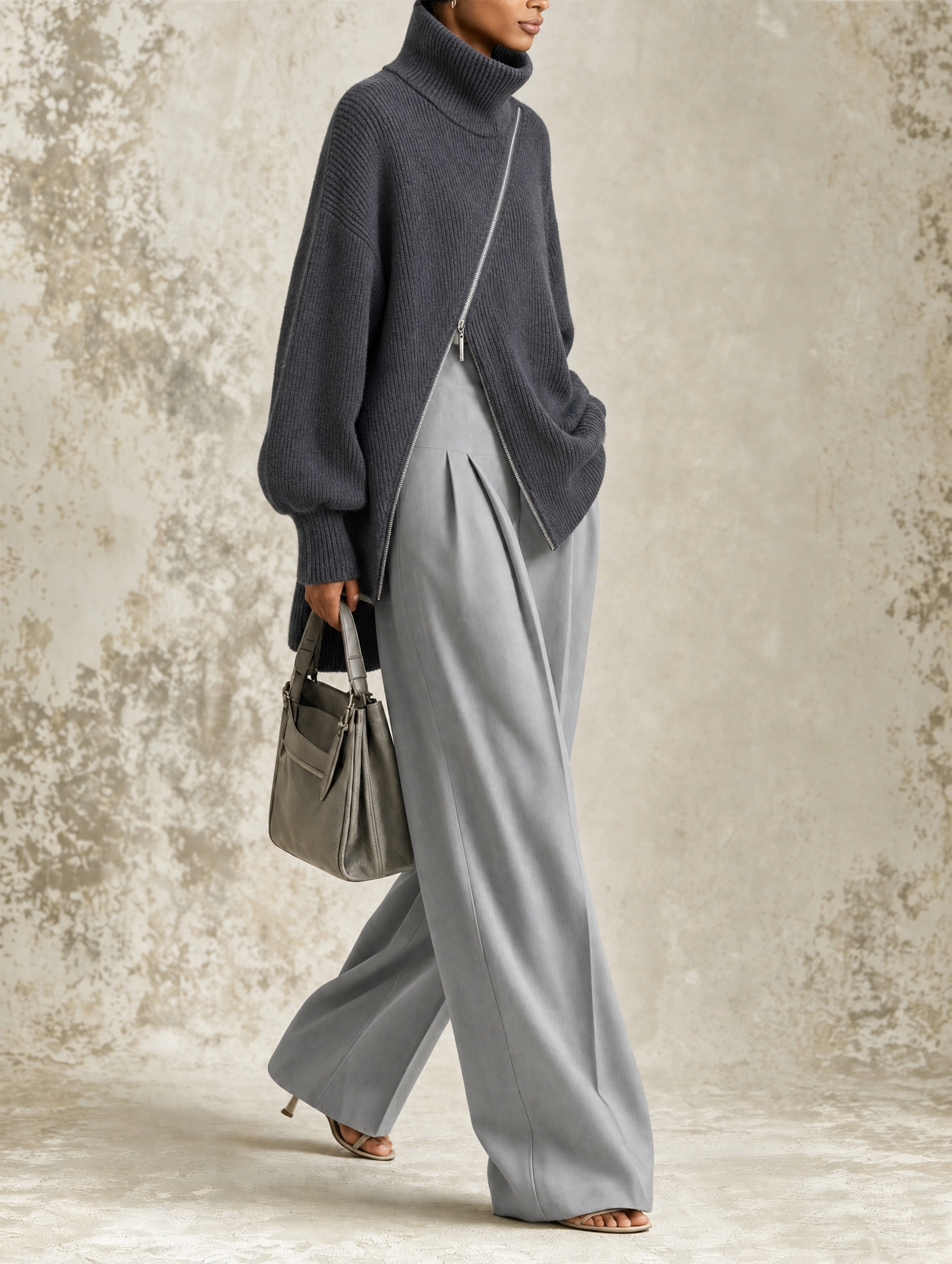 Asymmetric Zip Turtleneck and Wide-Leg Pants Set