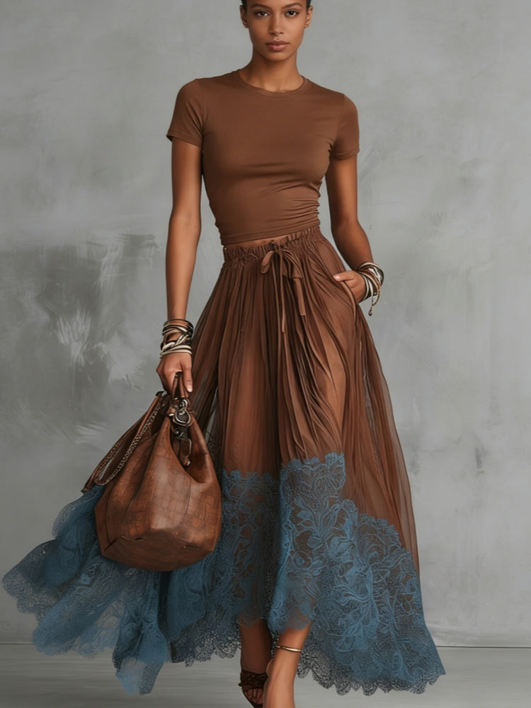 Brown-Blue Lace Tulle Skirt Set