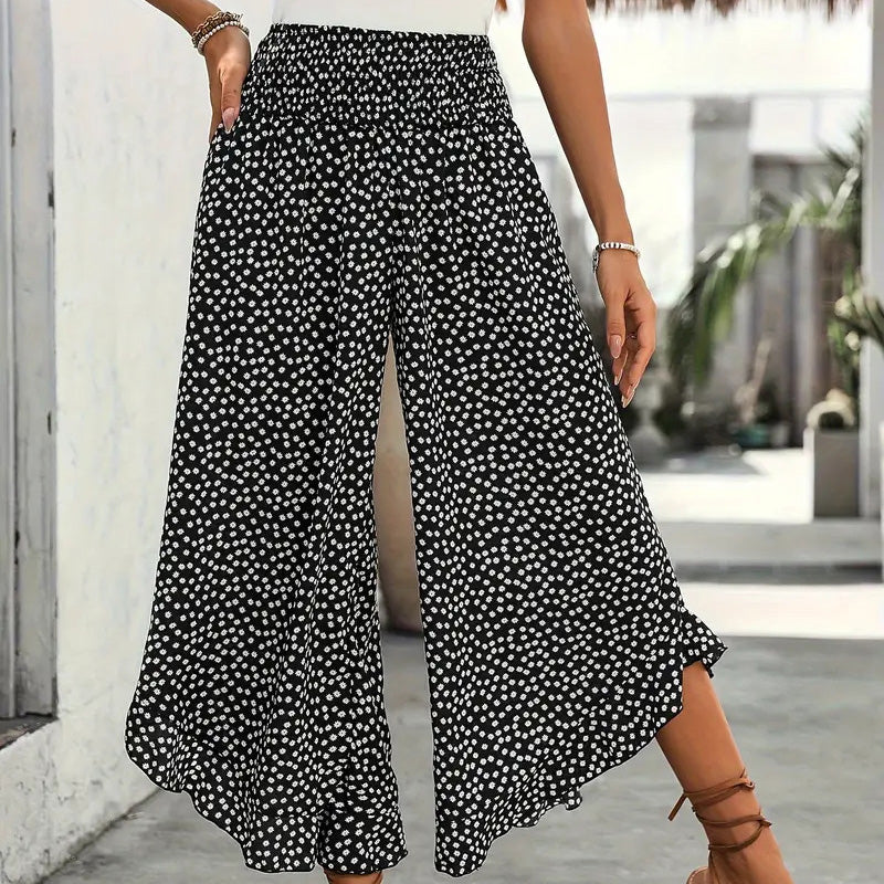 Printed High-Waisted Ruffle Wide-Leg Pants