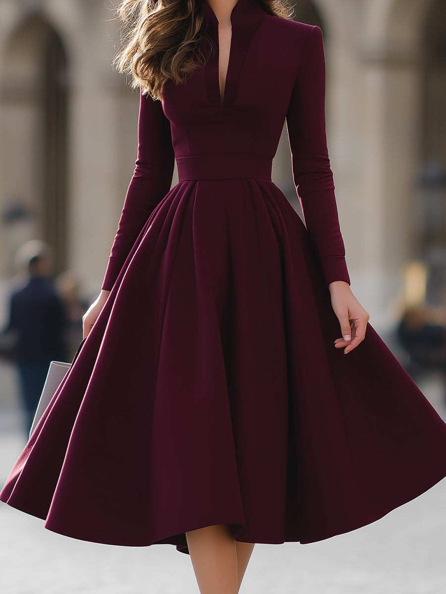 V-Neck Pleated Skirt Midi Dress