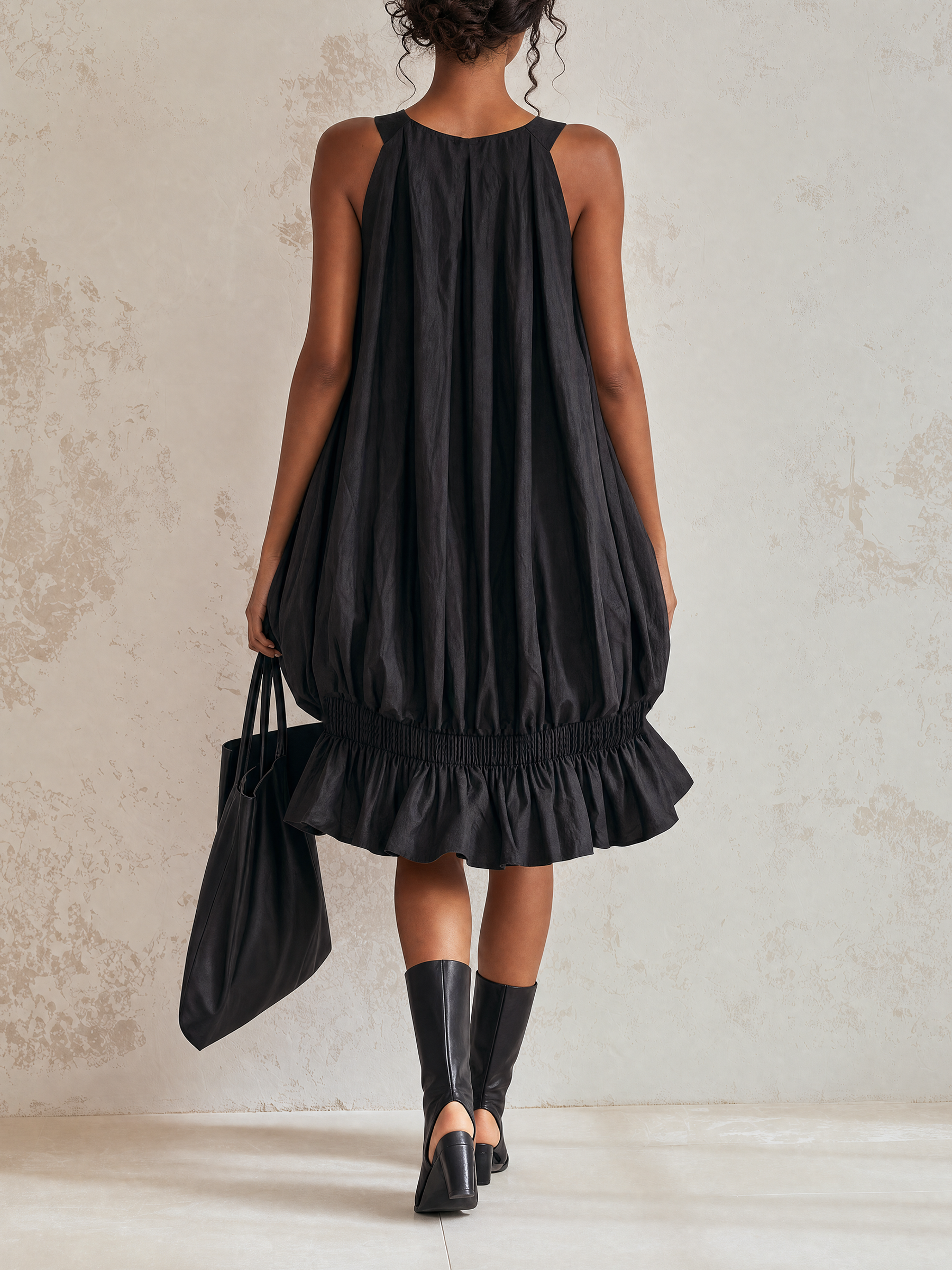 Sleeveless Bubble Midi Dress with Elastic Waist