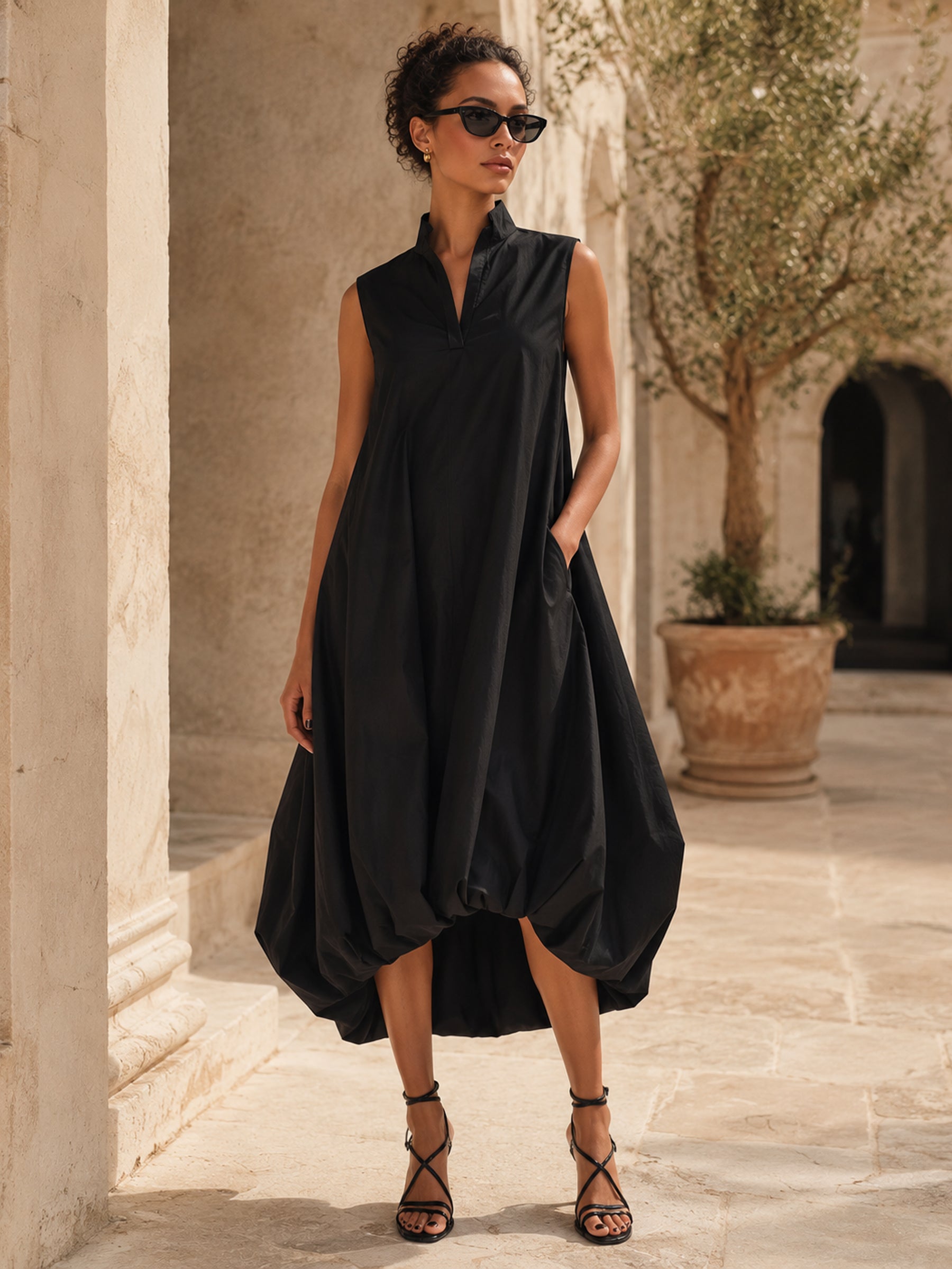 Sleeveless High-Neck Bubble Hem Midi Dress