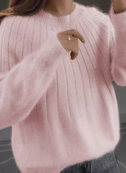 Ribbed Crewneck Sweater with Faux Fur Collar