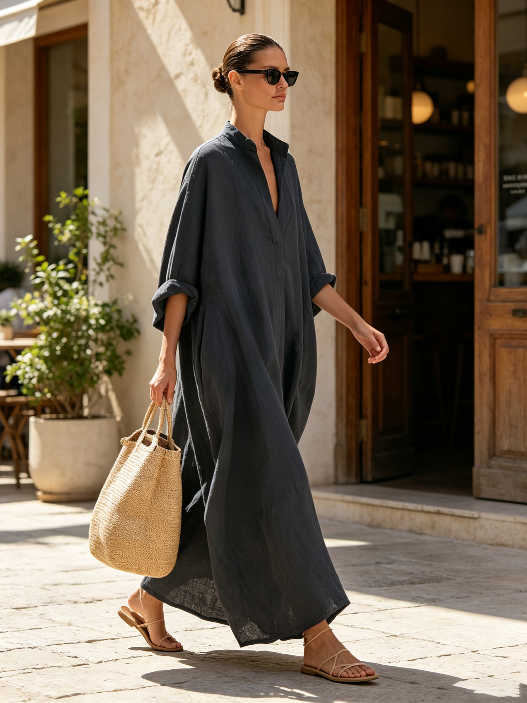 Stand Collar Linen Maxi Dress with Side Pockets