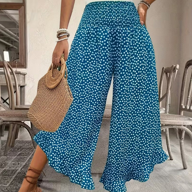 Printed High-Waisted Ruffle Wide-Leg Pants