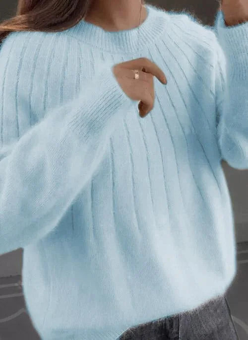 Ribbed Crewneck Sweater with Faux Fur Collar