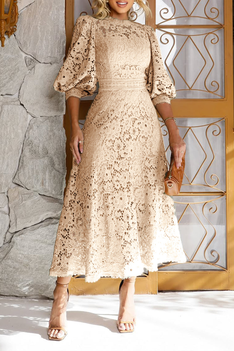 Lantern Sleeve Lace Hollow Midi Dress