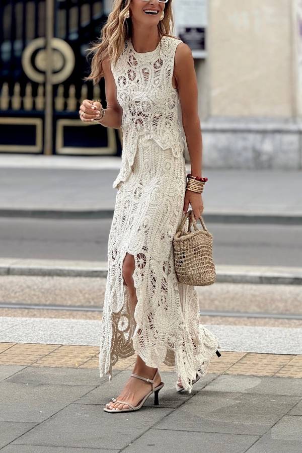 Isla | Crochet Hollow-Out Maxi Dress Set