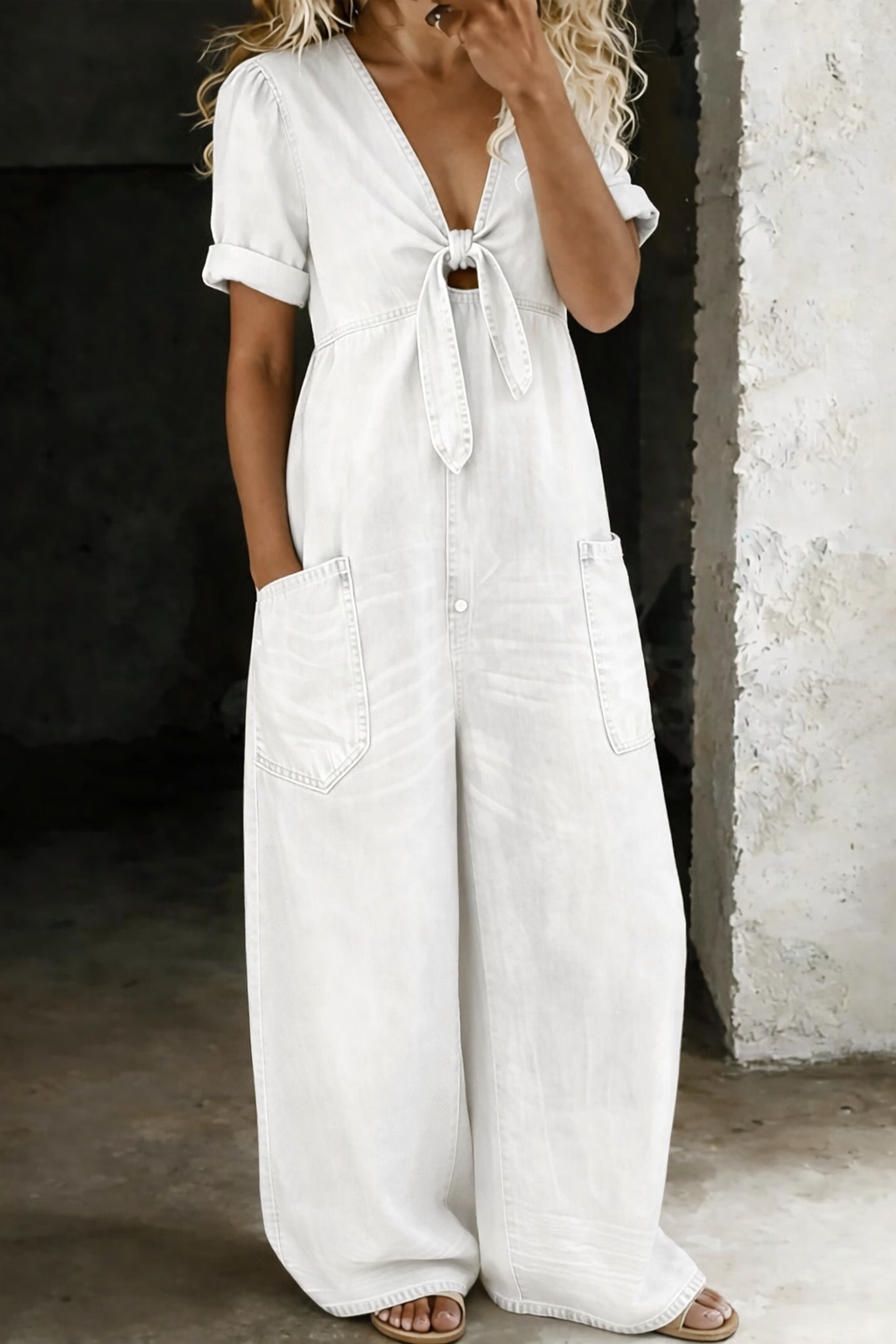 Relaxed Tie-Front Denim Jumpsuit