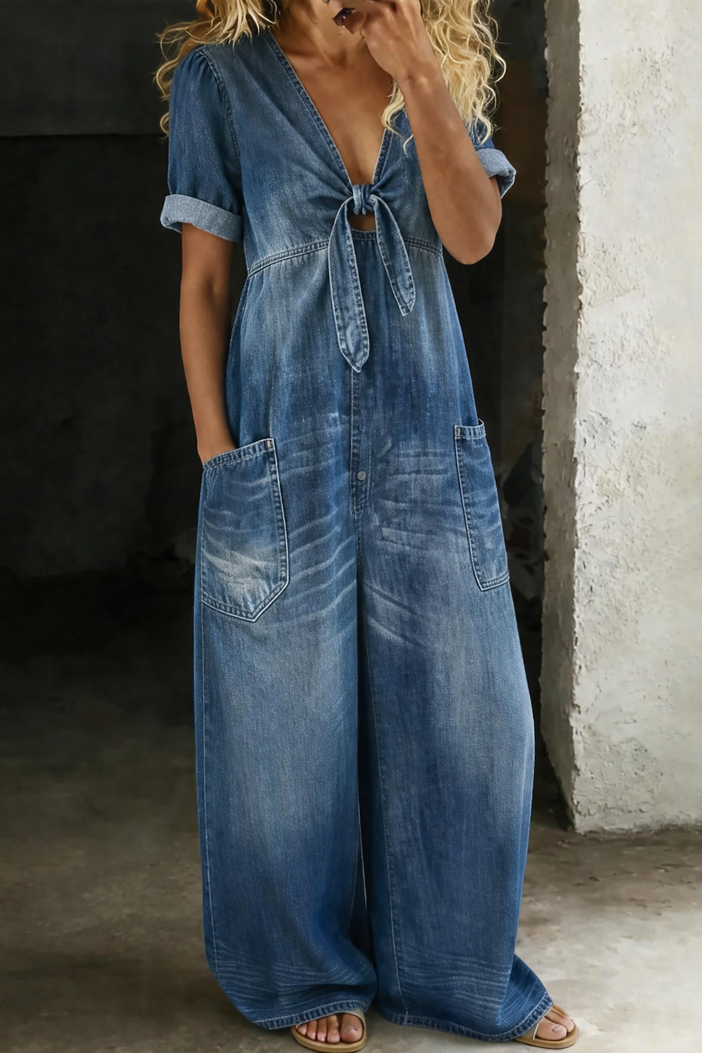 Relaxed Tie-Front Denim Jumpsuit