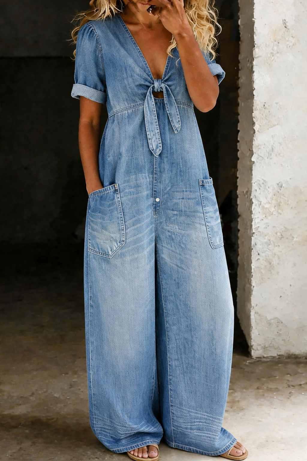 Relaxed Tie-Front Denim Jumpsuit